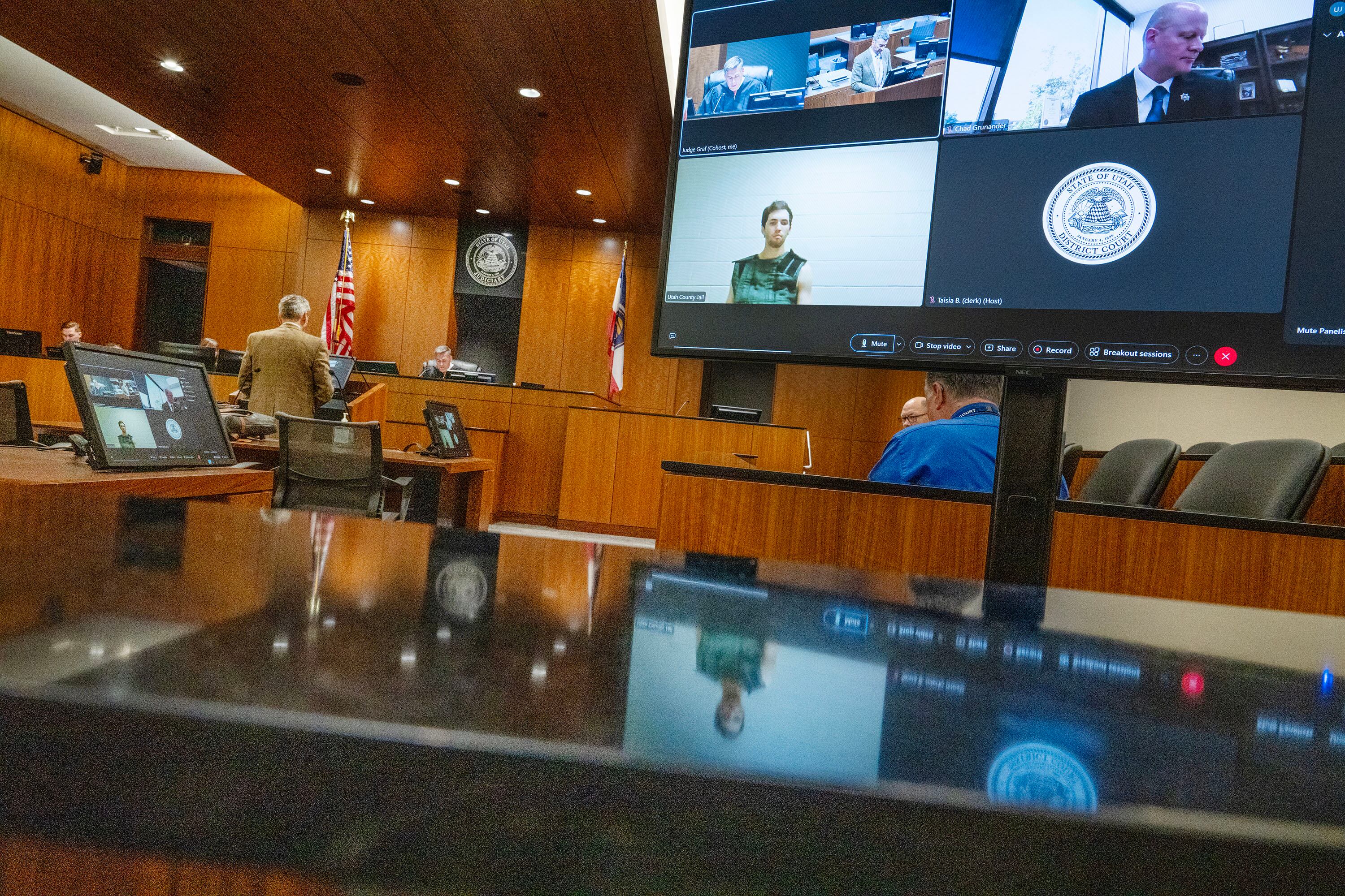 Tyler Robinson, 22, the suspect in the shooting death of Charlie Kirk, appears by camera before 4th District Court Judge Tony Graf on Sept. 16, for his initial court appearance in Provo.