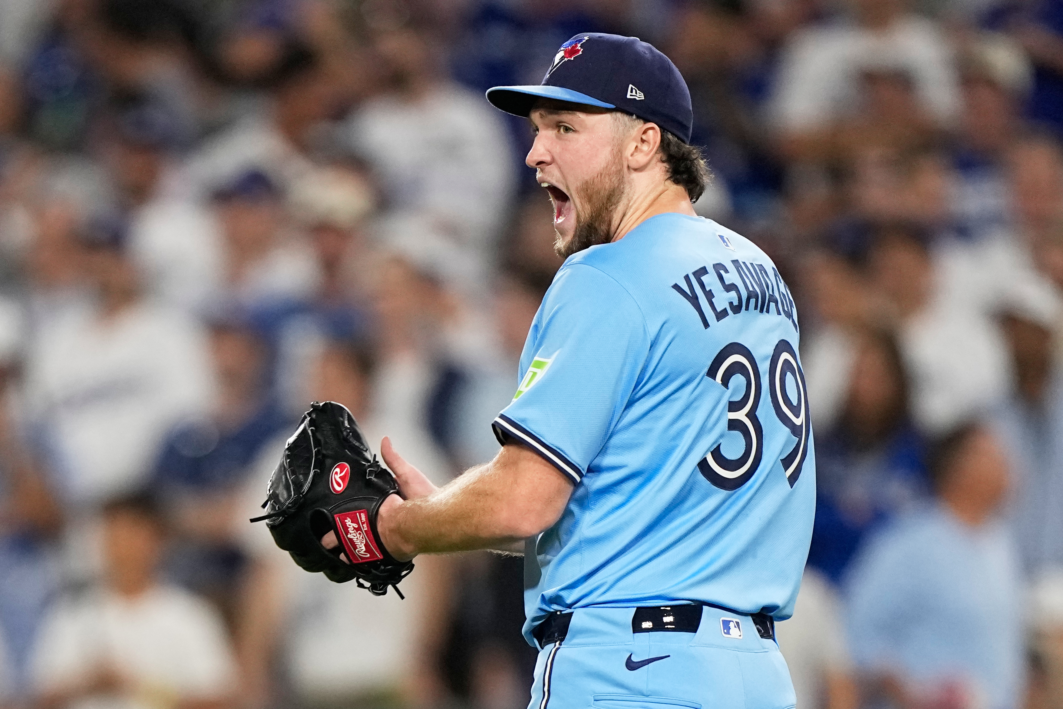 Toronto Blue Jays pitcher Trey Yesavage celebrates the end on the seventh inning in Game 5 of baseball's World Series against the Los Angeles Dodgers, Wednesday, Oct. 29, 2025, in Los Angeles. 