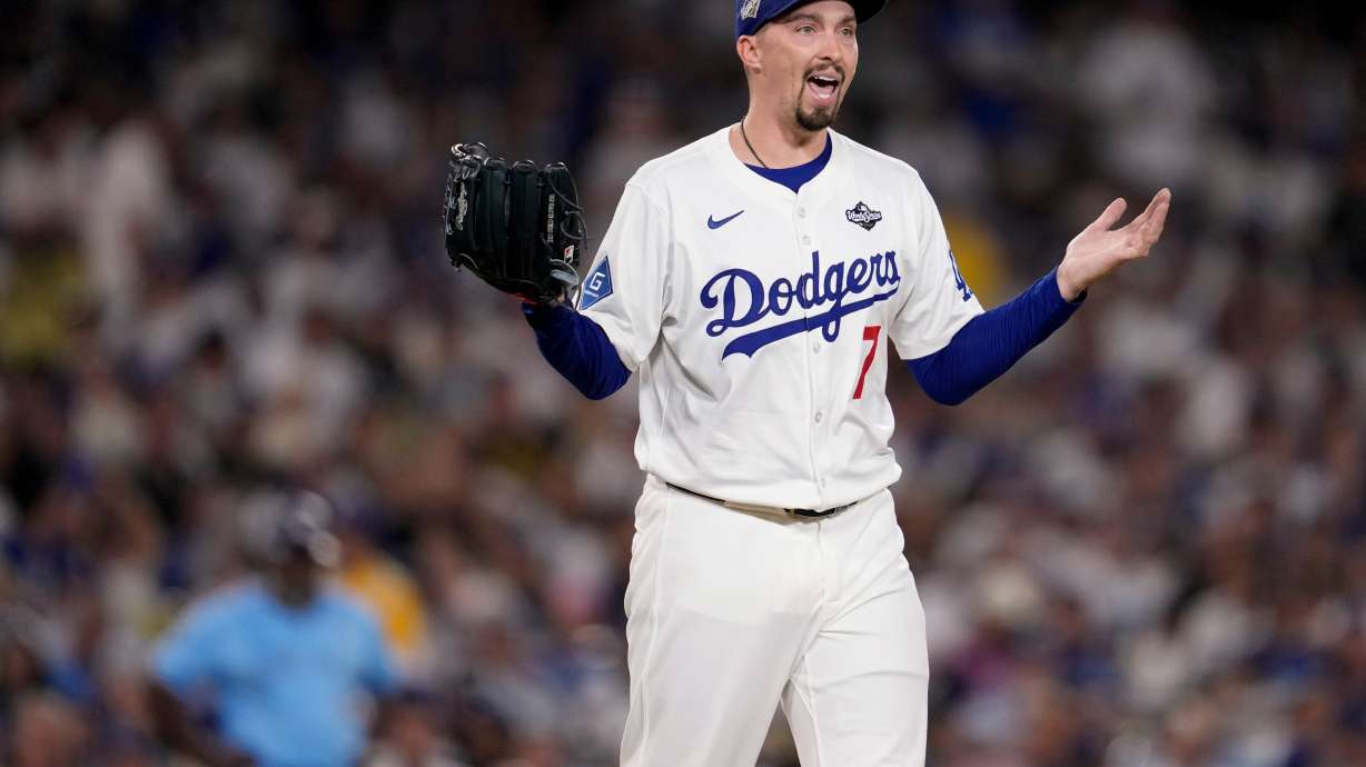 Los Angeles Dodgers' pitcher Blake Snell reacts to a call during the fifth inning in Game 5 of baseball's World Series against the Toronto Blue Jays, Wednesday, Oct. 29, 2025, in Los Angeles.