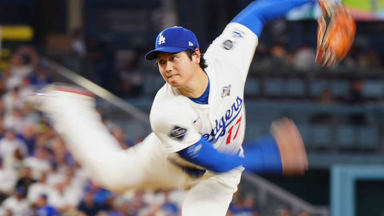 Los Angeles Dodgers pitcher Shohei Ohtani (17) delivers a pitch against the Toronto Blue Jays during fourth inning Game 4 World Series playoff MLB baseball action in Los Angeles on Tuesday, Oct. 28, 2025.