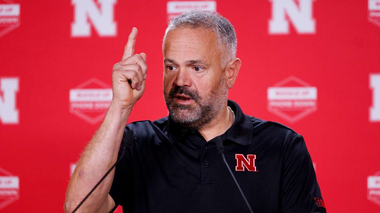 Nebraska head coach Matt Rhule speaks during an NCAA college football news conference in Lincoln, Neb., Monday, Oct. 20, 2025.
