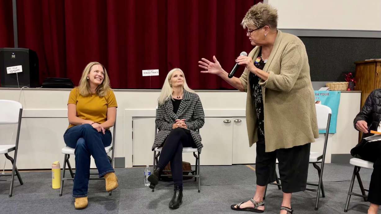 Ogden Valley mayoral hopefuls Janet Wampler, left, and Shanna Francis at an Oct. 15 candidate forum in Huntsville with moderator Terri McCullouch, right, of the Weber County League of Women Voters.