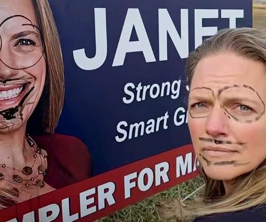 Ogden Valley mayoral hopeful Janet Wampler with pen markings on her face to resemble a defaced sign in a bid to add levity to the intense campaign. The photo comes from one of Wampler's campaign videos.