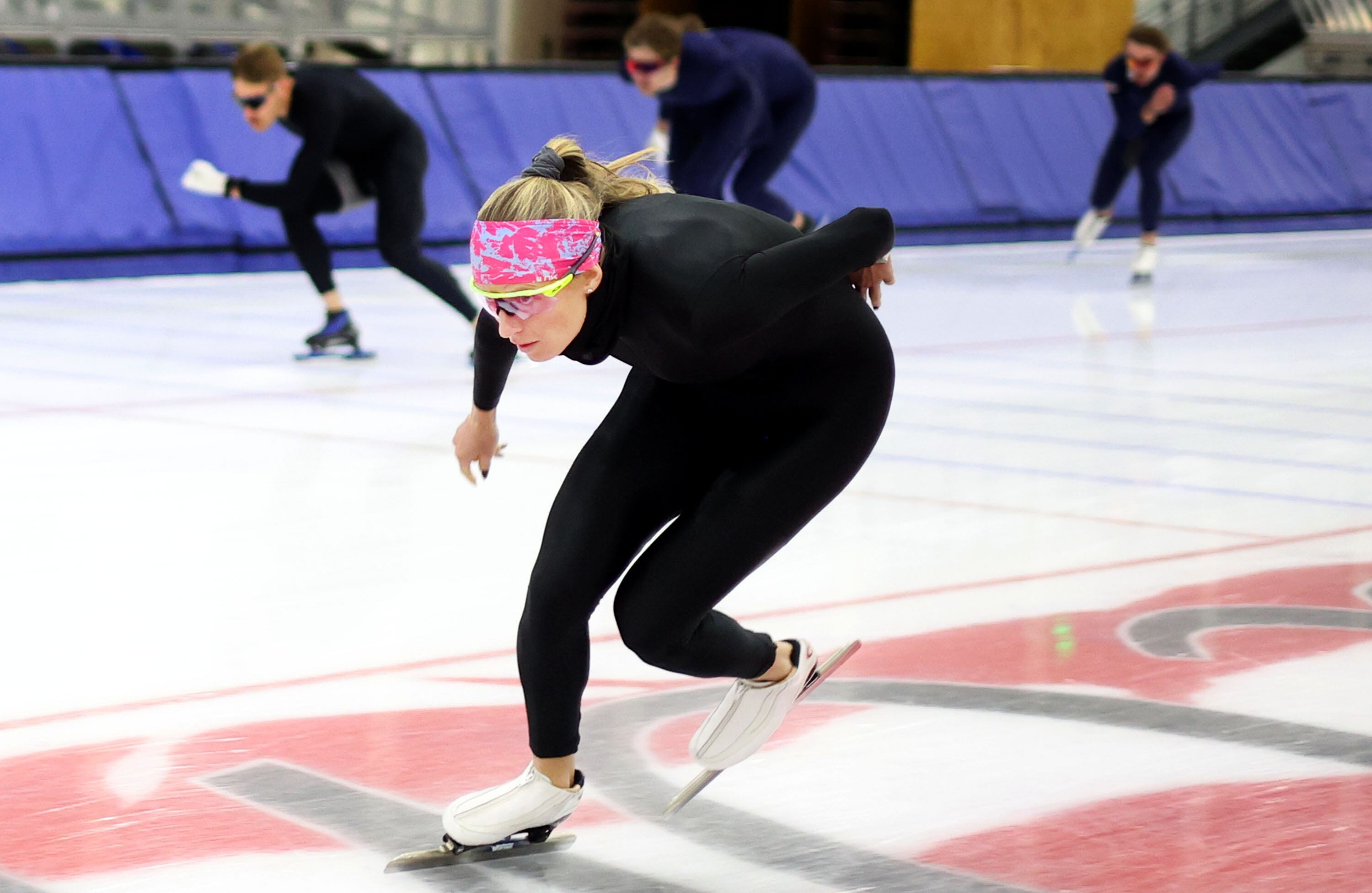American speedskater Mia Manganello practices with fellow Salt Lake Community College Beyond the Podium program participants at the Utah Olympic Oval in Kearns on Wednesday. SLCC’s Beyond the Podium program provides participants with free tuition and flexible schedules — allowing Olympics- and Paralympics-bound athletes such as Manganello opportunities to earn an associate degree or a certificate without interrupting their training and grueling global competition schedule.