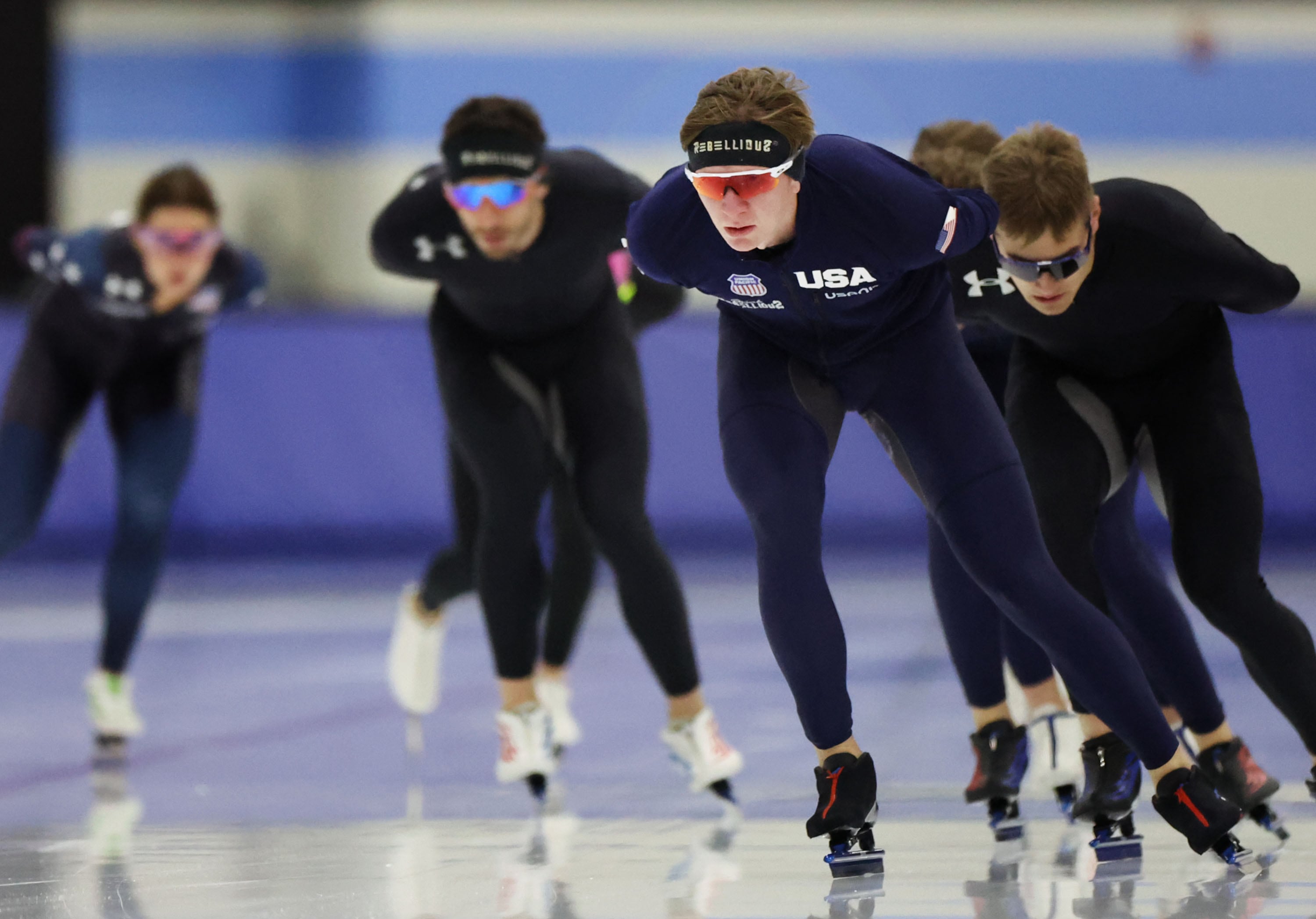 American speedskater Ethan Cepuran leads his fellow Salt Lake Community College Beyond the Podium program participants around the track at the Utah Olympic Oval in Kearns on Wednesday. SLCC’s Beyond the Podium program provides participants with free tuition and flexible schedules — allowing Olympics- and Paralympics-bound athletes opportunities to earn an associate degree or a certificate without interrupting their training and grueling global competition schedule.
