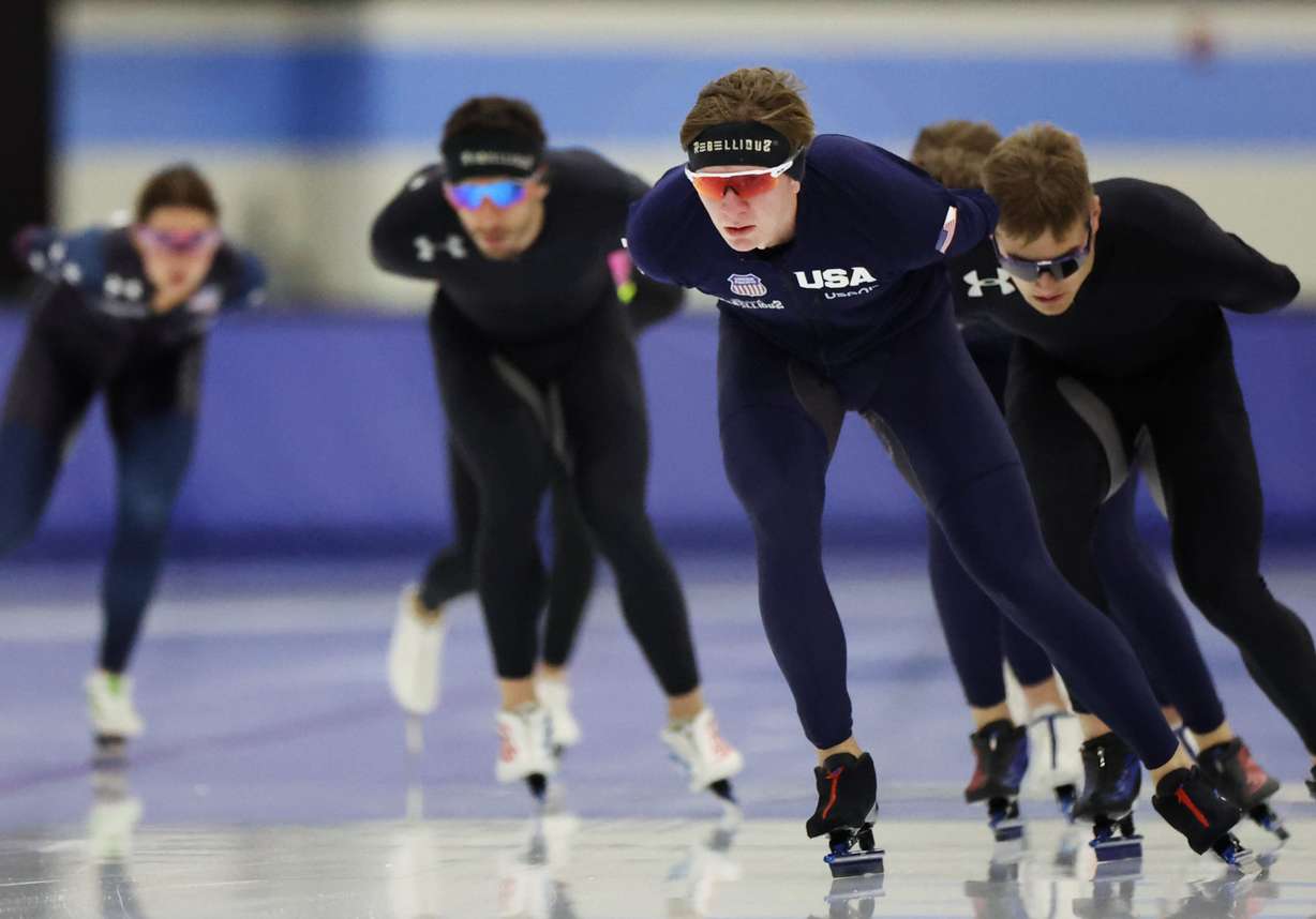 American speedskater Ethan Cepuran leads his fellow Salt Lake Community College Beyond the Podium program participants around the track at the Utah Olympic Oval in Kearns on Wednesday. SLCC’s Beyond the Podium program provides participants with free tuition and flexible schedules — allowing Olympics- and Paralympics-bound athletes opportunities to earn an associate degree or a certificate without interrupting their training and grueling global competition schedule.