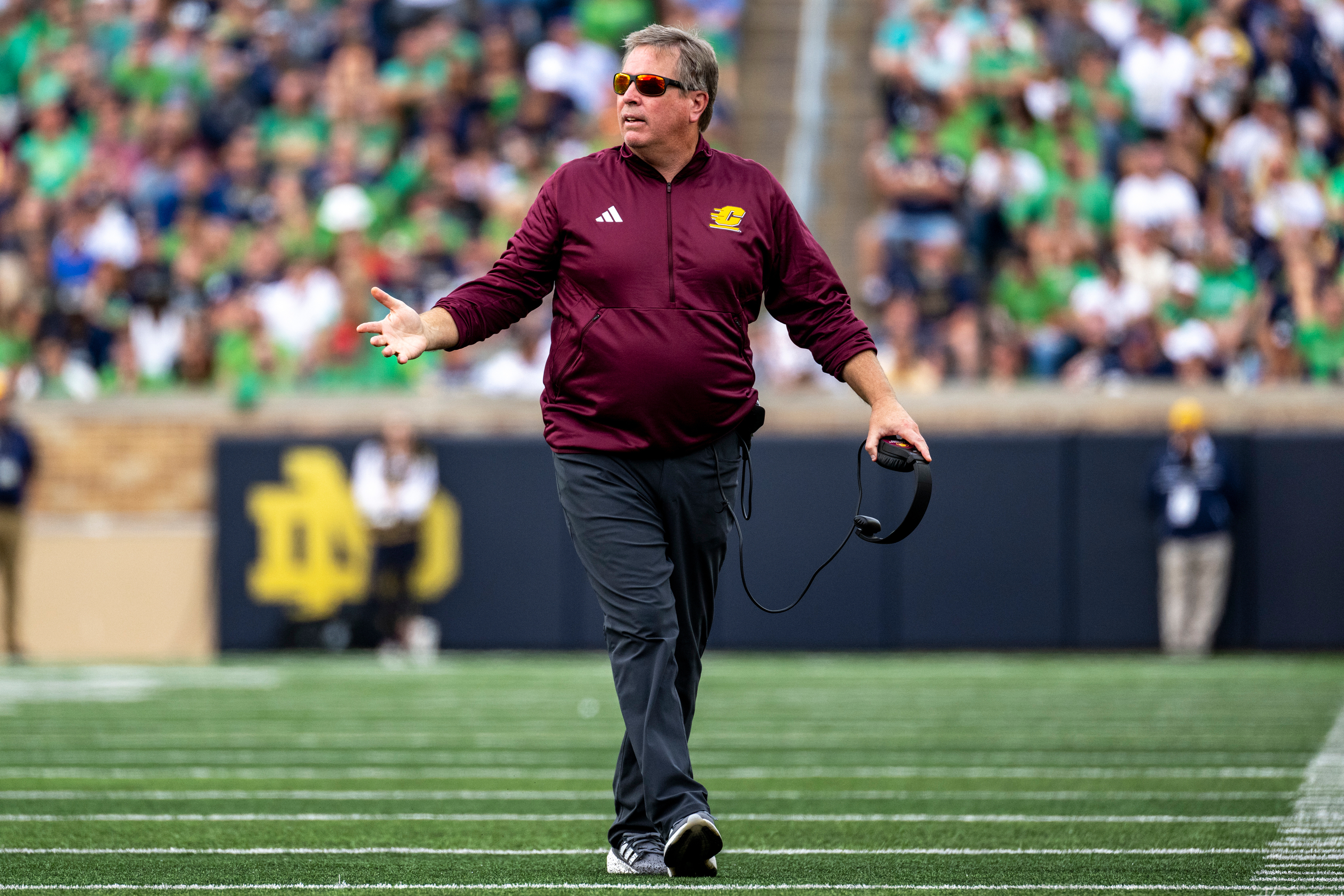 FILE - Central Michigan head coach Jim McElwain reacts during an NCAA football game against Notre Dame on Sept. 16, 2023, in South Bend, Ind. 