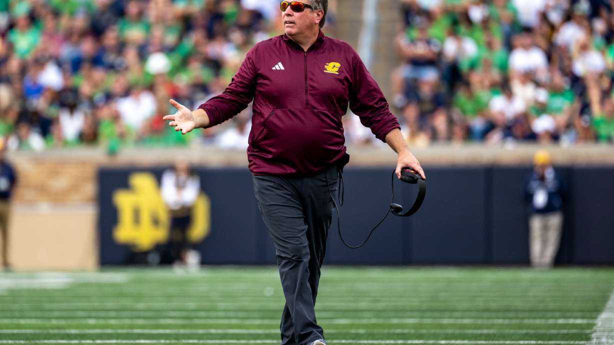 FILE - Central Michigan head coach Jim McElwain reacts during an NCAA football game against Notre Dame on Sept. 16, 2023, in South Bend, Ind.