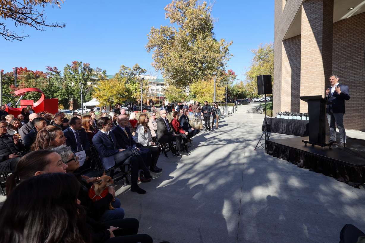 Chris Parker, Perpetual Housing co-director, speaks at a ribbon-cutting event at Arbor 515, a new affordable housing project, in Salt Lake City on Thursday.