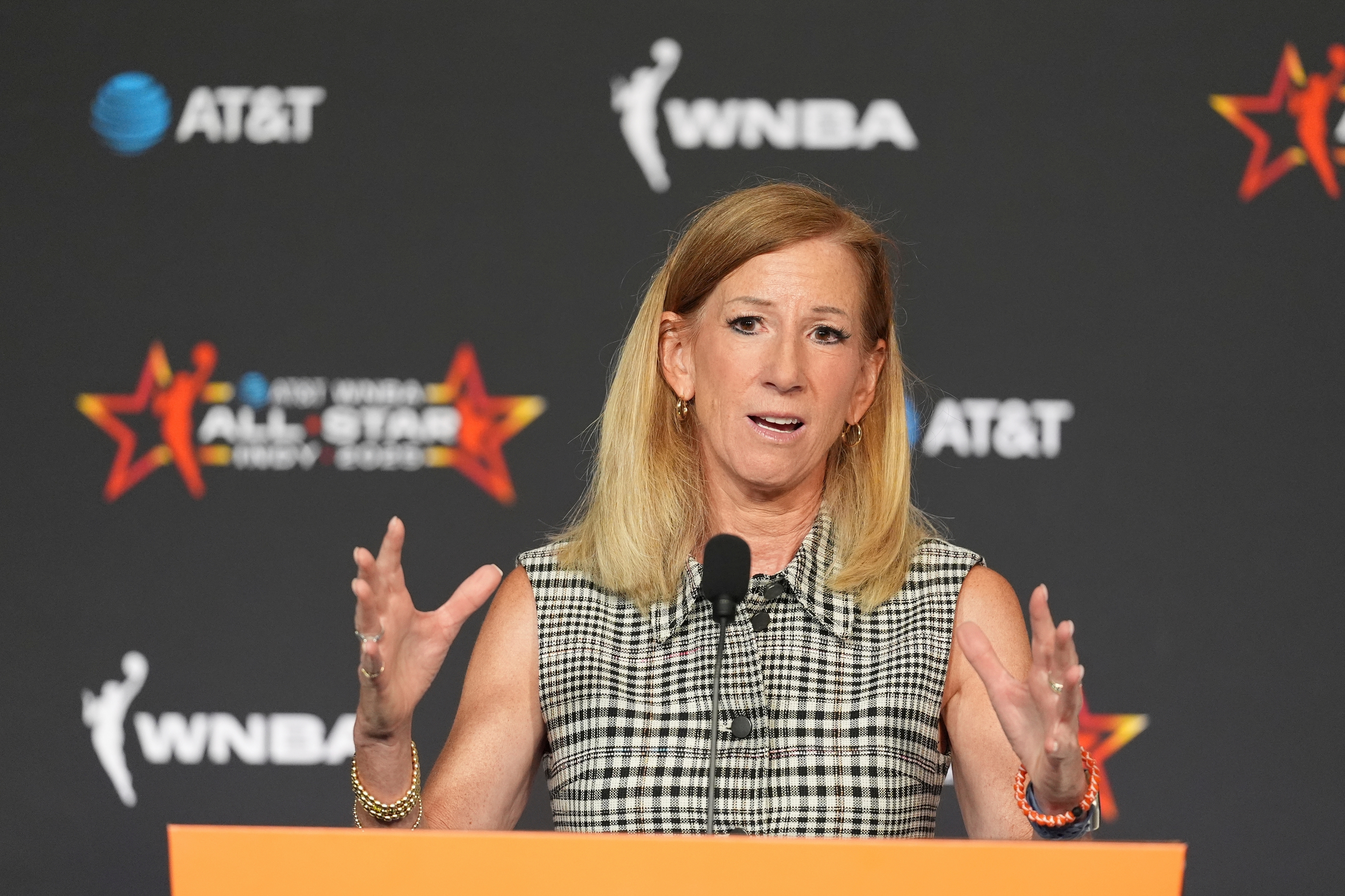 FILE - WNBA Commissioner Cathy Engelbert speaks during a news conference before the WNBA All-Star basketball game, Saturday, July 19, 2025, in Indianapolis.