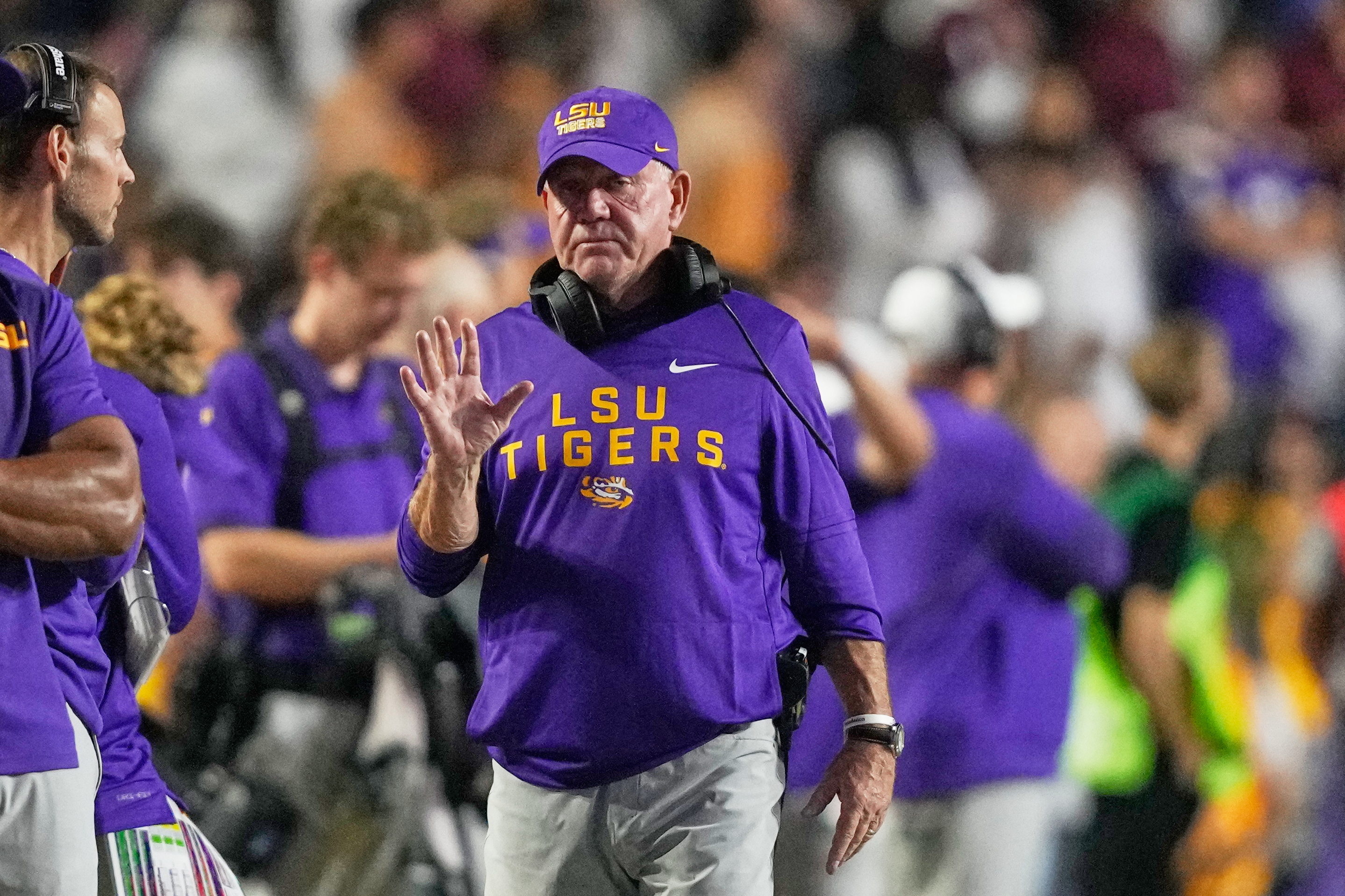 LSU head coach Brian Kelly walks on the sideline in the second half of an NCAA college football game against Texas A&M, Saturday, Oct. 25, 2025 in Baton Rouge, La. 