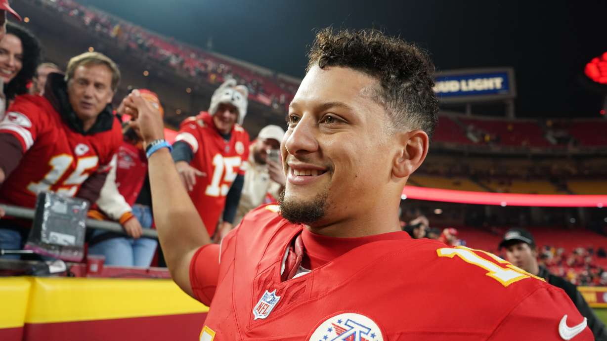 Kansas City Chiefs quarterback Patrick Mahomes smiles following an NFL football game against the Washington Commanders Monday, Oct. 27, 2025, in Kansas City, Mo.