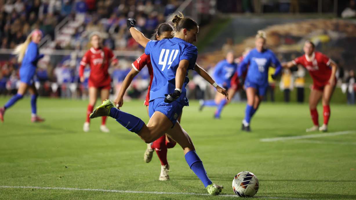 BYU's Mackenzee Vance (44) scored a goal to help lift the Cougars to a 2-0 win over Utah, Thursday, Oct. 30, 2025 at Ute Soccer Field in Salt Lake City.
