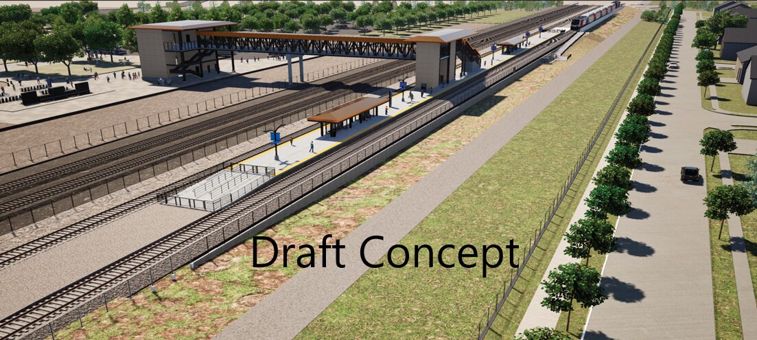 A rendering shows a planned FrontRunner station in Bluffdale, near the Spring View Farms neighborhood.