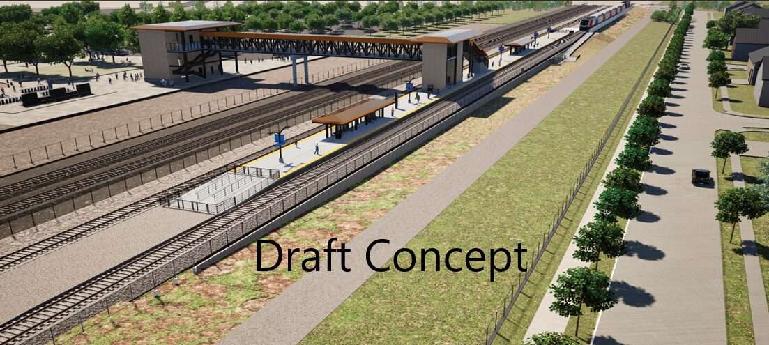 A rendering shows a planned FrontRunner station in Bluffdale, near the Spring View Farms neighborhood.