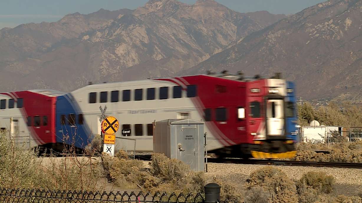 A FrontRunner train travels through Bluffdale on Thursday.