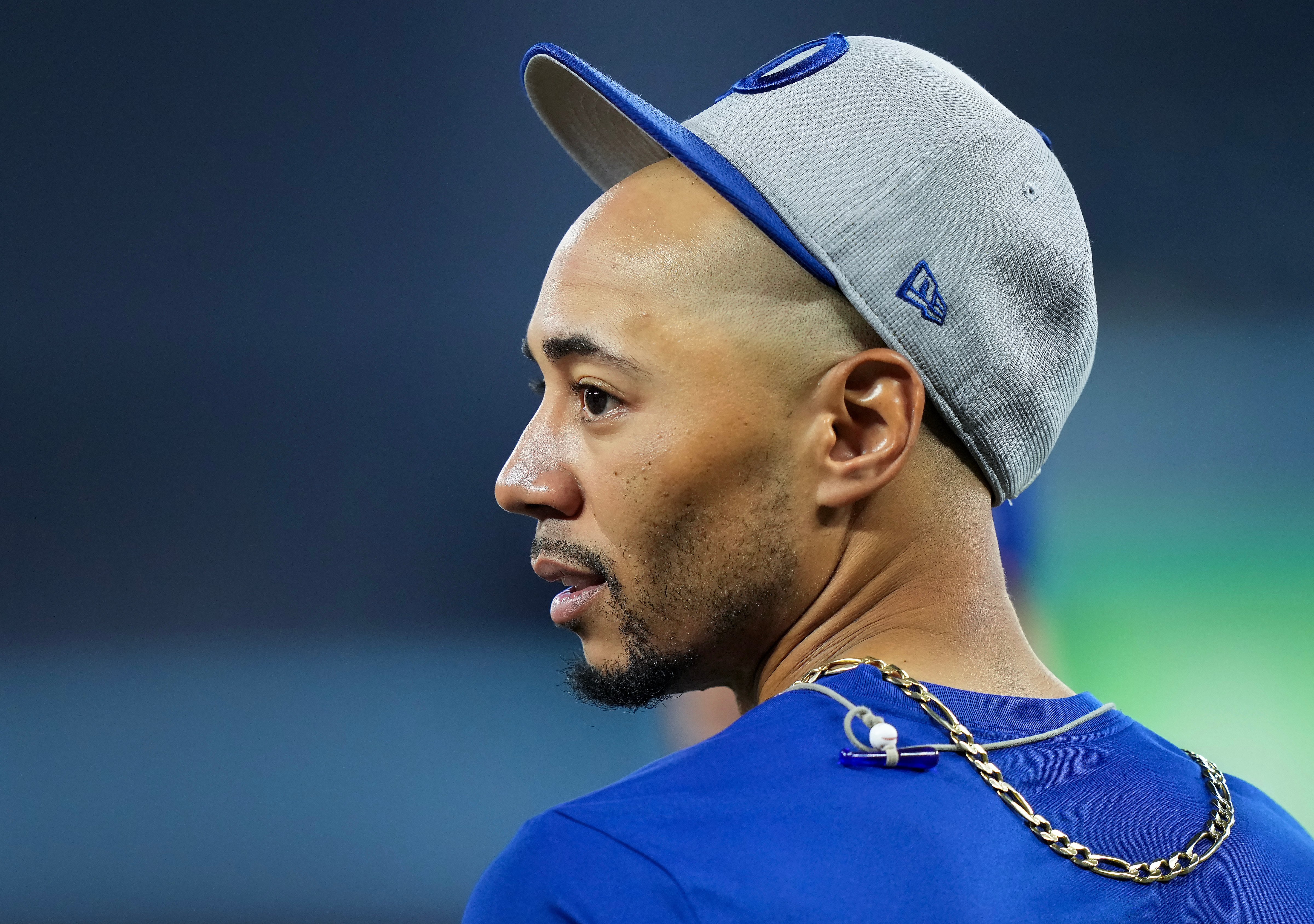 Los Angeles Dodgers shortstop Mookie Betts looks on during World Series baseball batting practice World Series in Toronto, Thursday, Oct. 30, 2025. 