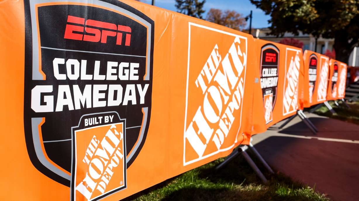 Banners line the “College GameDay” set in the Presidents Circle at the University of Utah in Salt Lake City on Friday, Oct. 31, 2025.