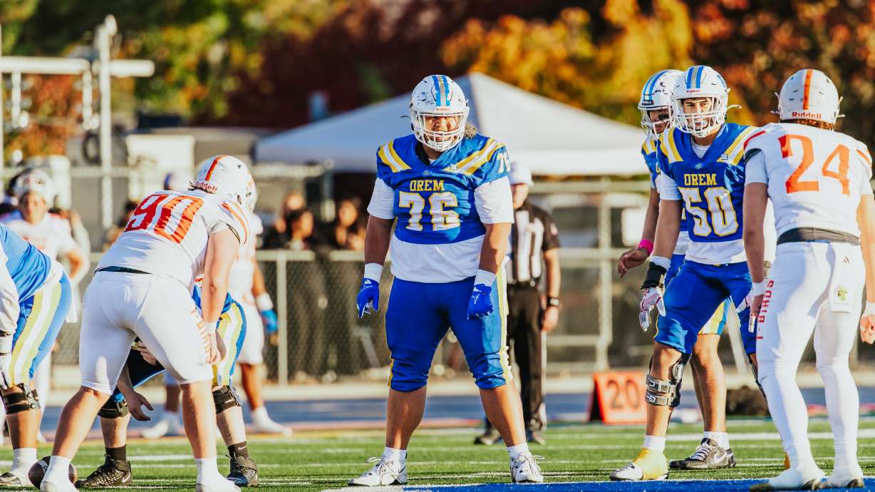 Orem's Warren Matina (76) waits for the play call during the Tigers' 5A state playoff game against Timpview, Friday, Oct. 31, 2025 in Orem, Utah.