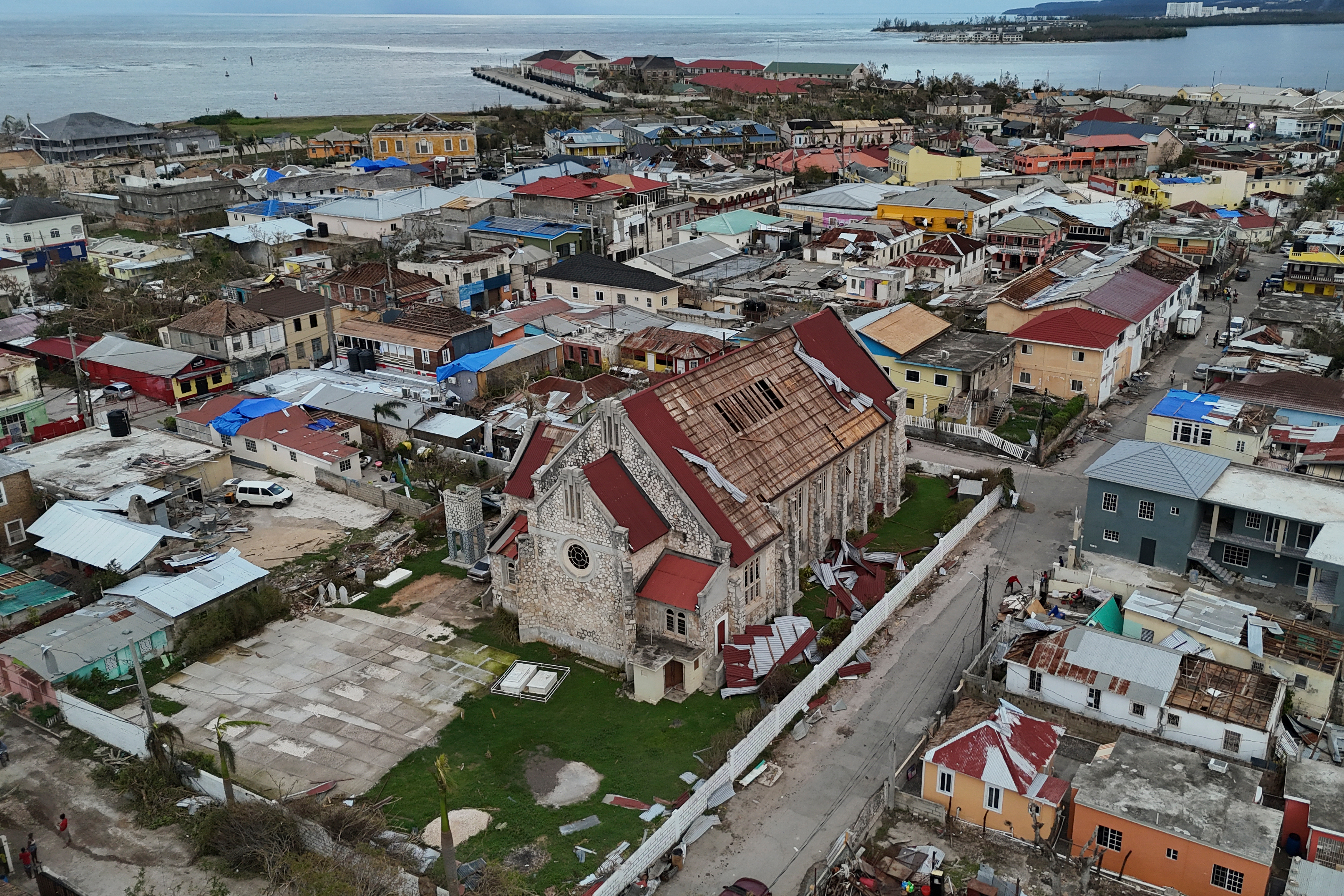 An aerial view of Falmouth, Jamaica, Friday, in the aftermath of Hurricane Melissa. Rescue and aid workers fanned out to reach those communities still isolated after the hurricane tore through the nation.