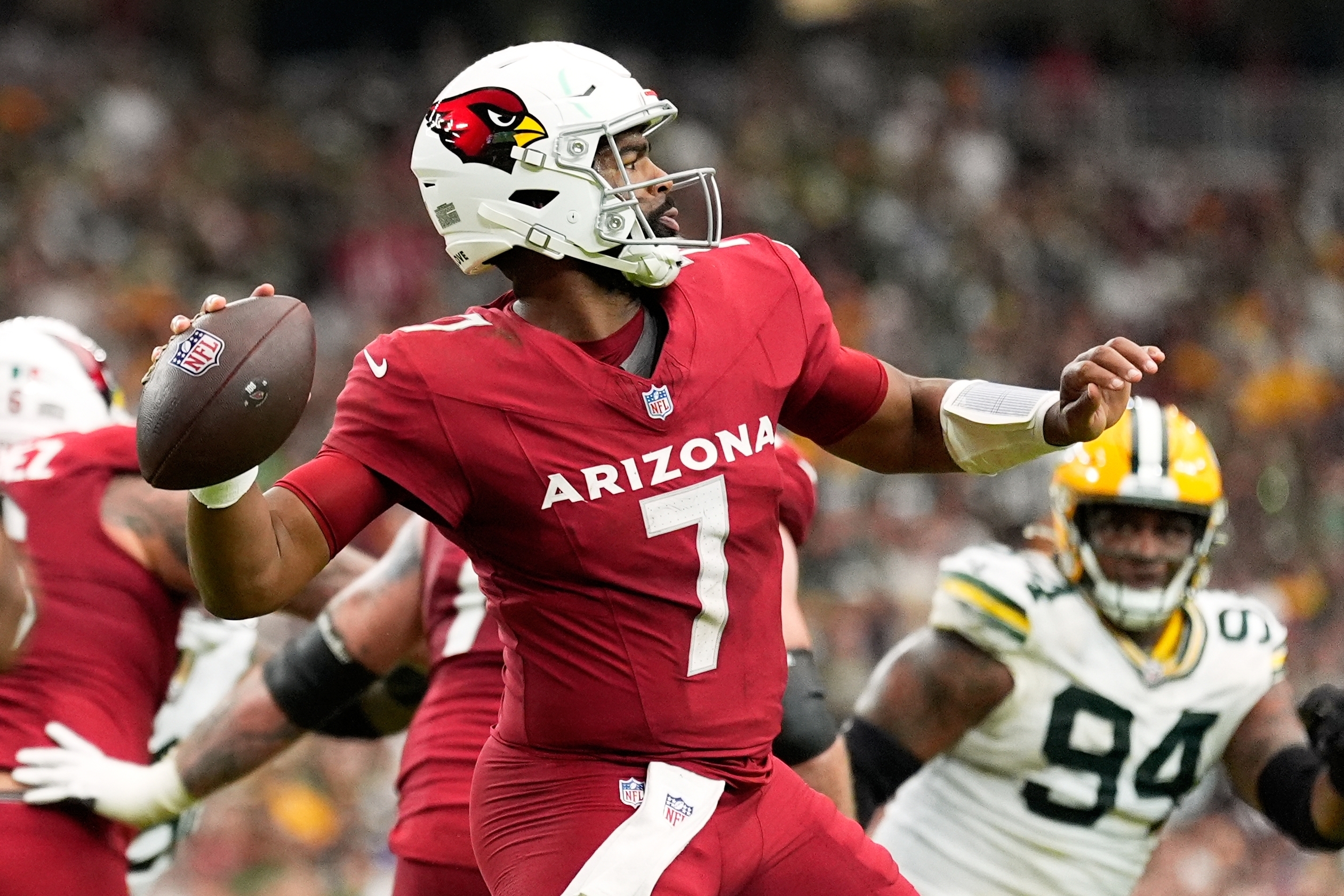Arizona Cardinals' Jacoby Brissett throws during the first half of an NFL football game against the Green Bay Packers Sunday, Oct. 19, 2025, in Glendale, Ariz. 