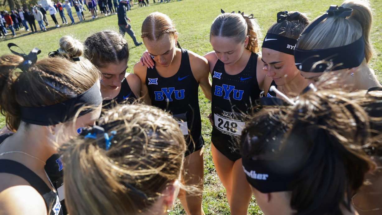 BYU women's cross country before the Big 12 championships, Friday, Oct. 31, 2025 in Lawrence, Kansas.
