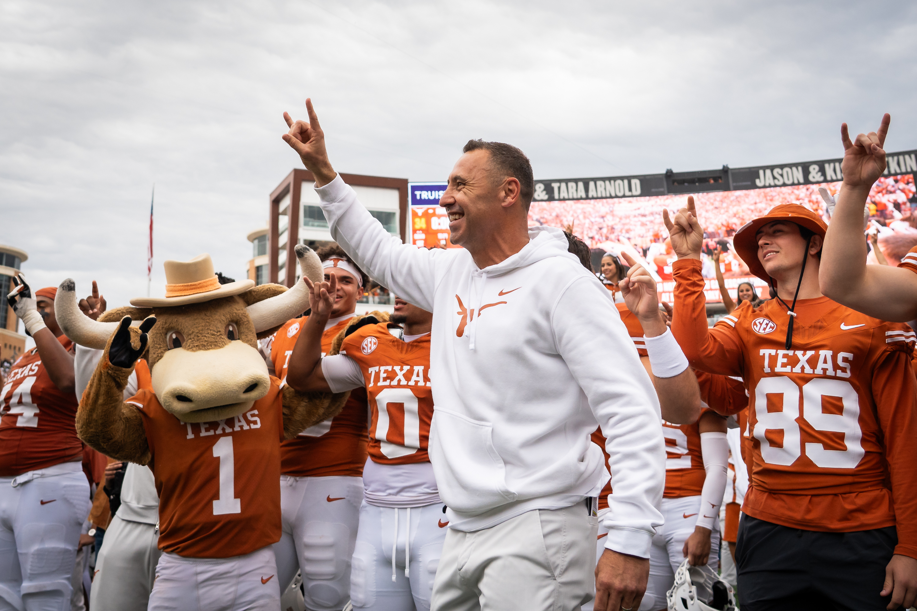 Texas Longhorns head coach Steve Sarkisian celebrates the team's win over Vanderbilt during an NCAA college football game in Austin, Texas, Saturday, Nov. 1, 2025. 