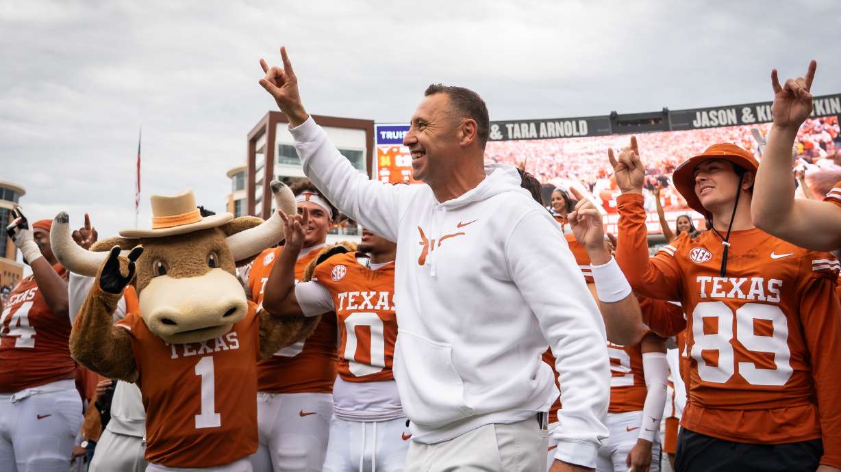 Texas Longhorns head coach Steve Sarkisian celebrates the team's win over Vanderbilt during an NCAA college football game in Austin, Texas, Saturday, Nov. 1, 2025.