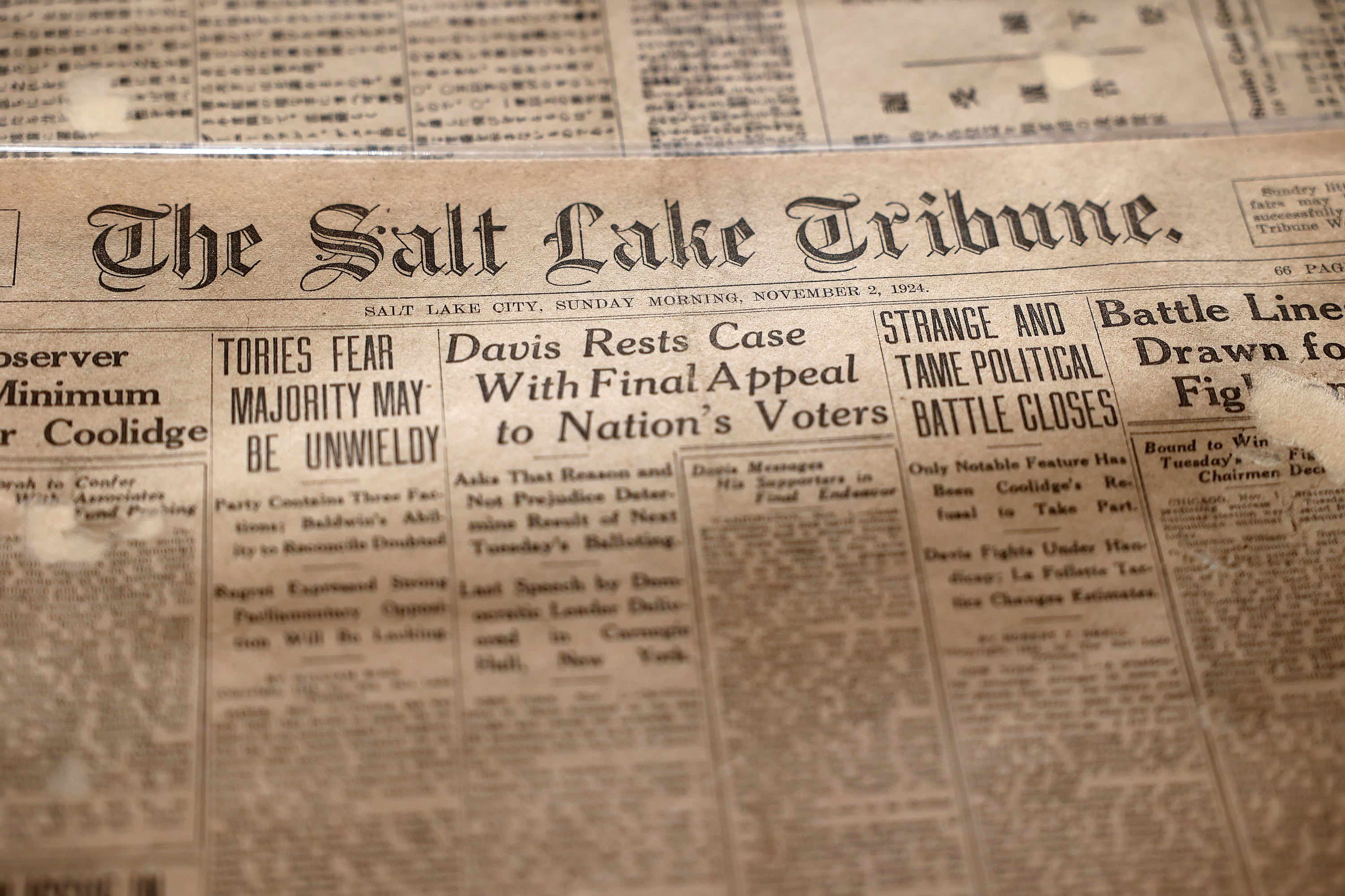 The Nov. 2, 1924, edition of The Salt Lake Tribune was included in a Japanese Church of Christ’s 101-year-old time capsule and is pictured at the University of Utah Marriott Library Preservation Department in Salt Lake City on Oct. 20.
