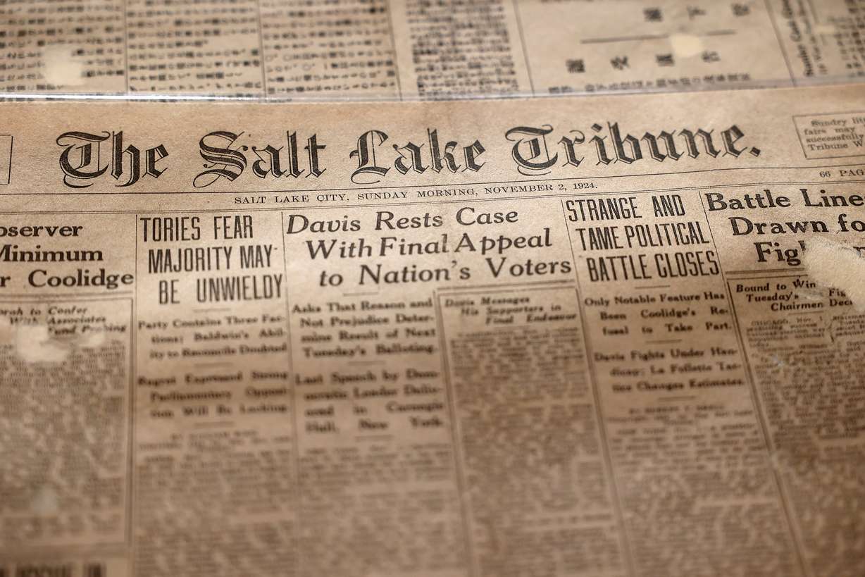 The Nov. 2, 1924, edition of The Salt Lake Tribune was included in a Japanese Church of Christ’s 101-year-old time capsule and is pictured at the University of Utah Marriott Library Preservation Department in Salt Lake City on Oct. 20.