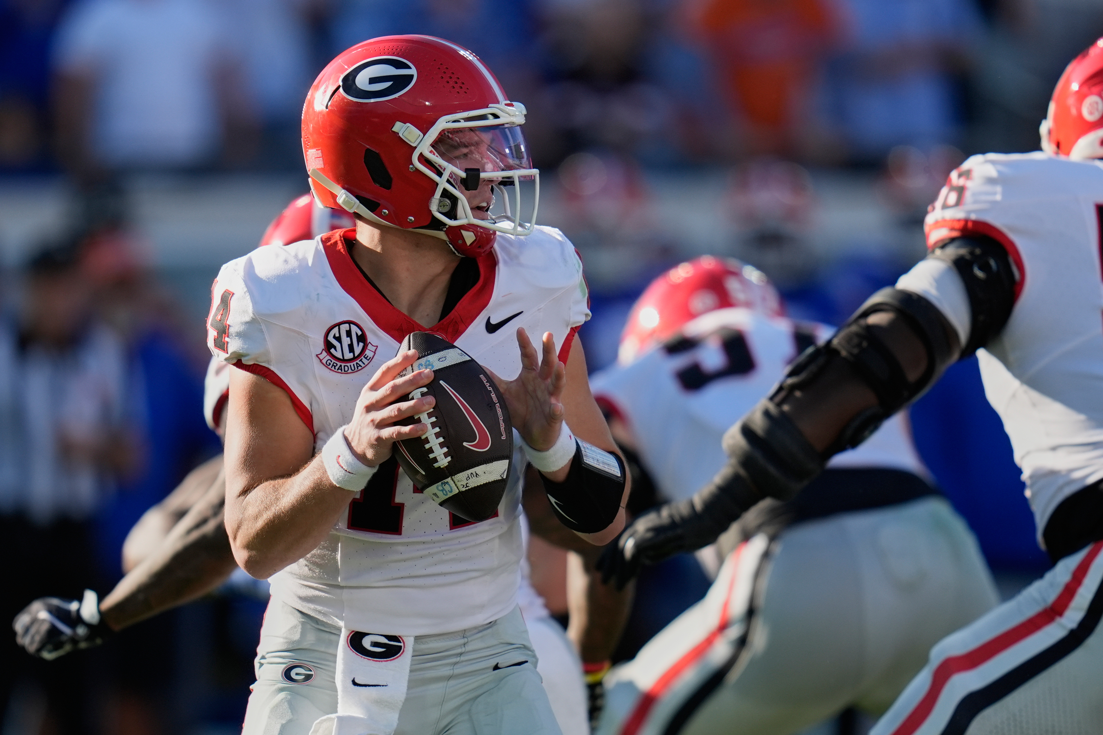 Georgia quarterback Gunner Stockton looks for a receiver during the first half of an NCAA college football game against Florida Saturday, Nov. 1, 2025, in Jacksonville, Fla. 