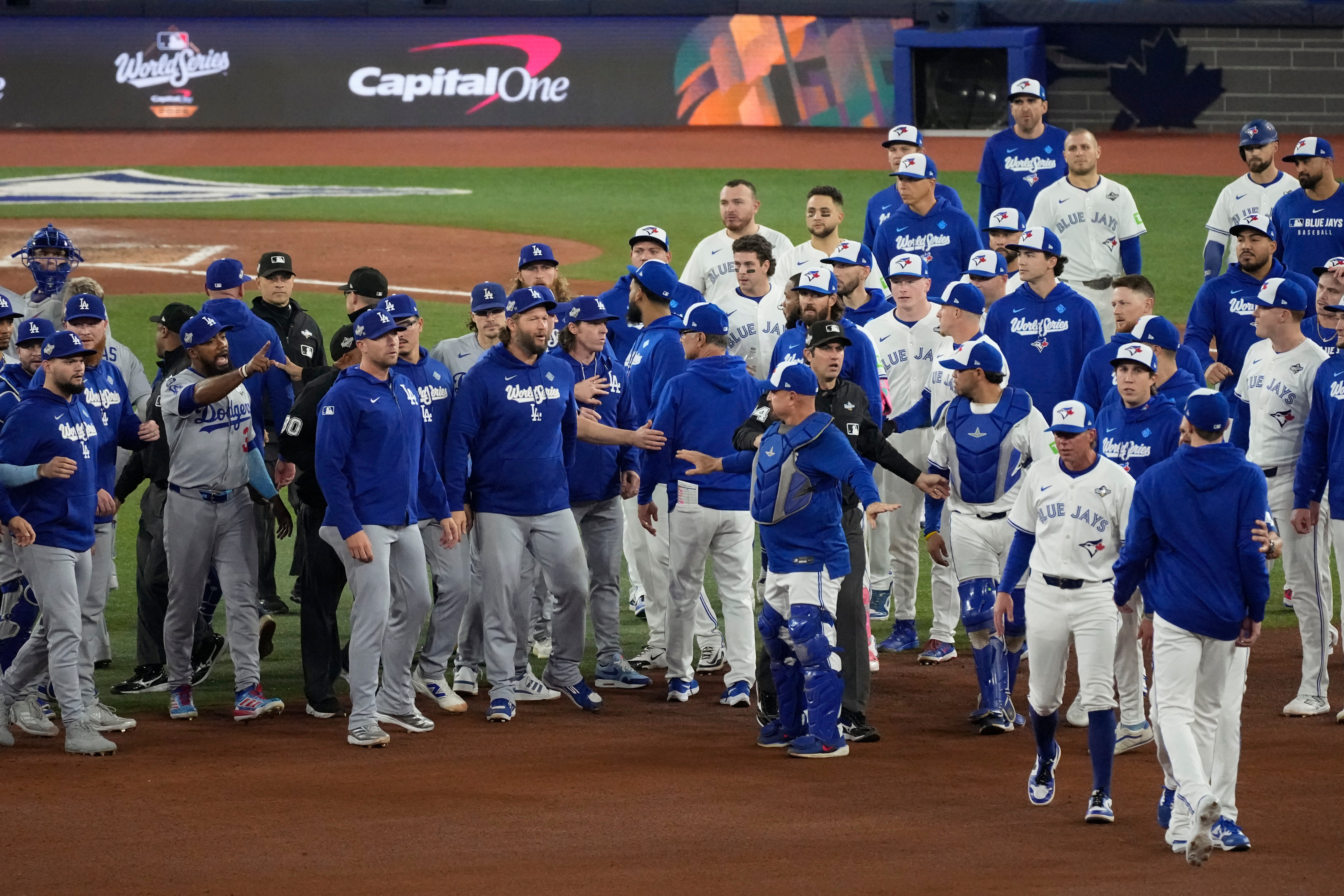 Benches clear at Game 7 of World Series after LA's Wrobleski hits Toronto's Giménez with fastball