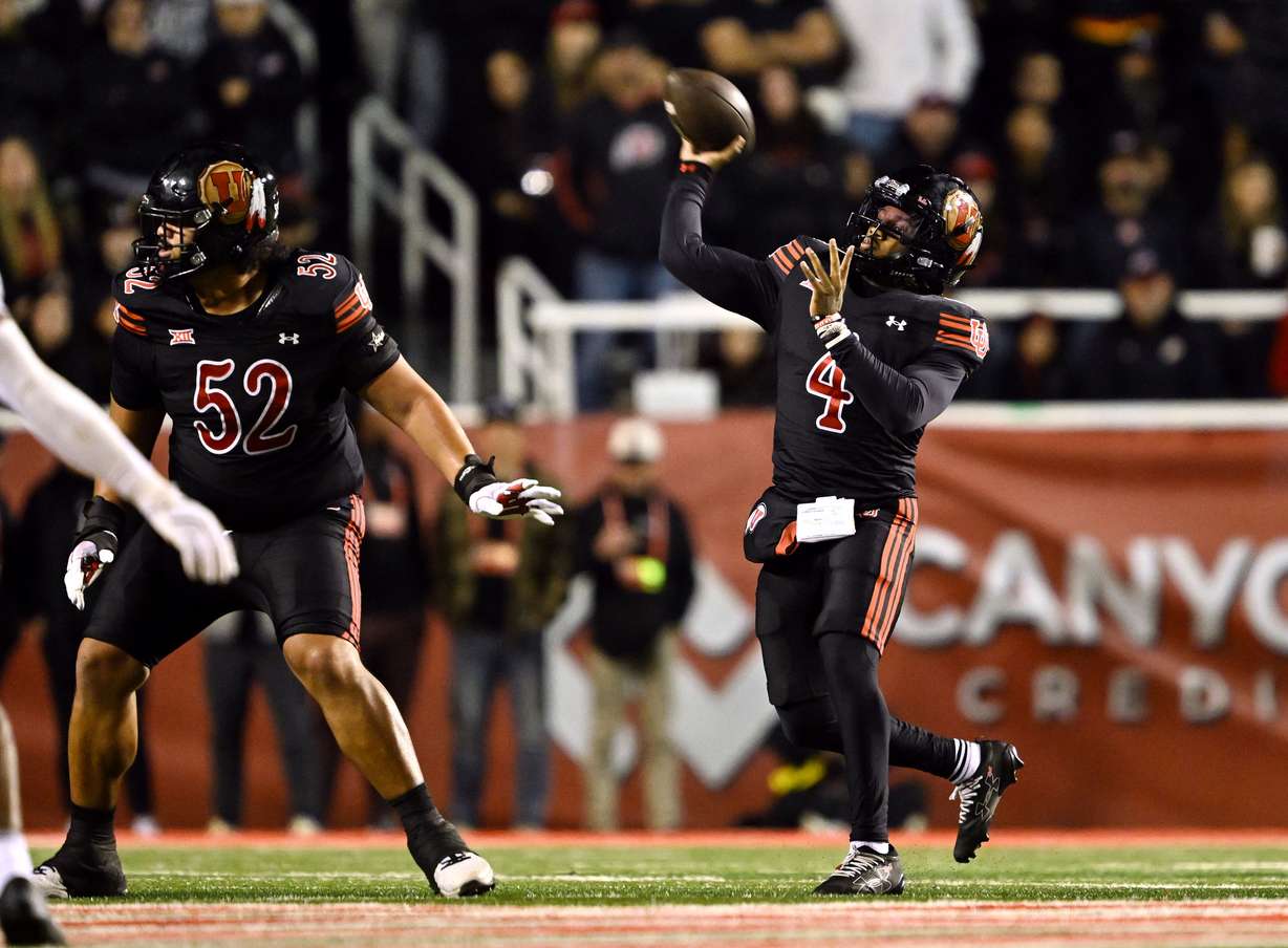 Utah Utes quarterback Devon Dampier (4) goes long downfield on a pass as Utah and Cincinnati play at Rice-Eccles Stadium in Salt Lake City on Saturday, Nov. 1, 2025.