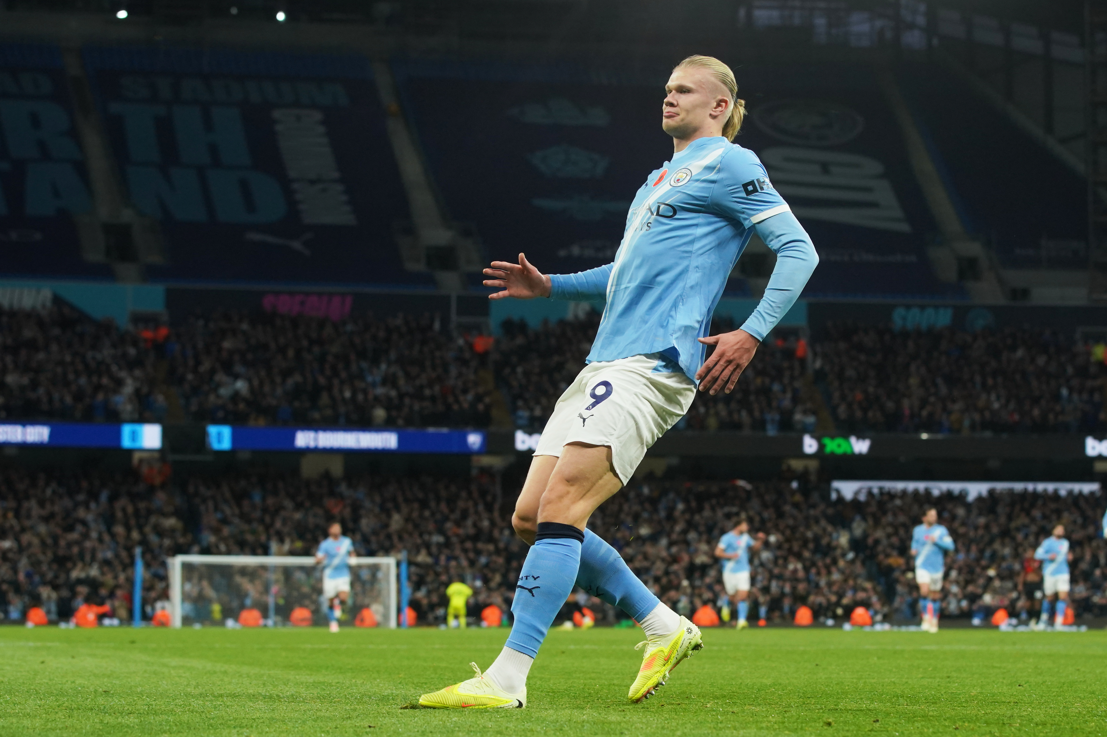 Manchester City's Erling Haaland celebrates after scoring his side's opening goal during the English Premier League soccer match between Manchester City and Bournemouth in Manchester, England, Sunday, Nov. 2, 2025. 