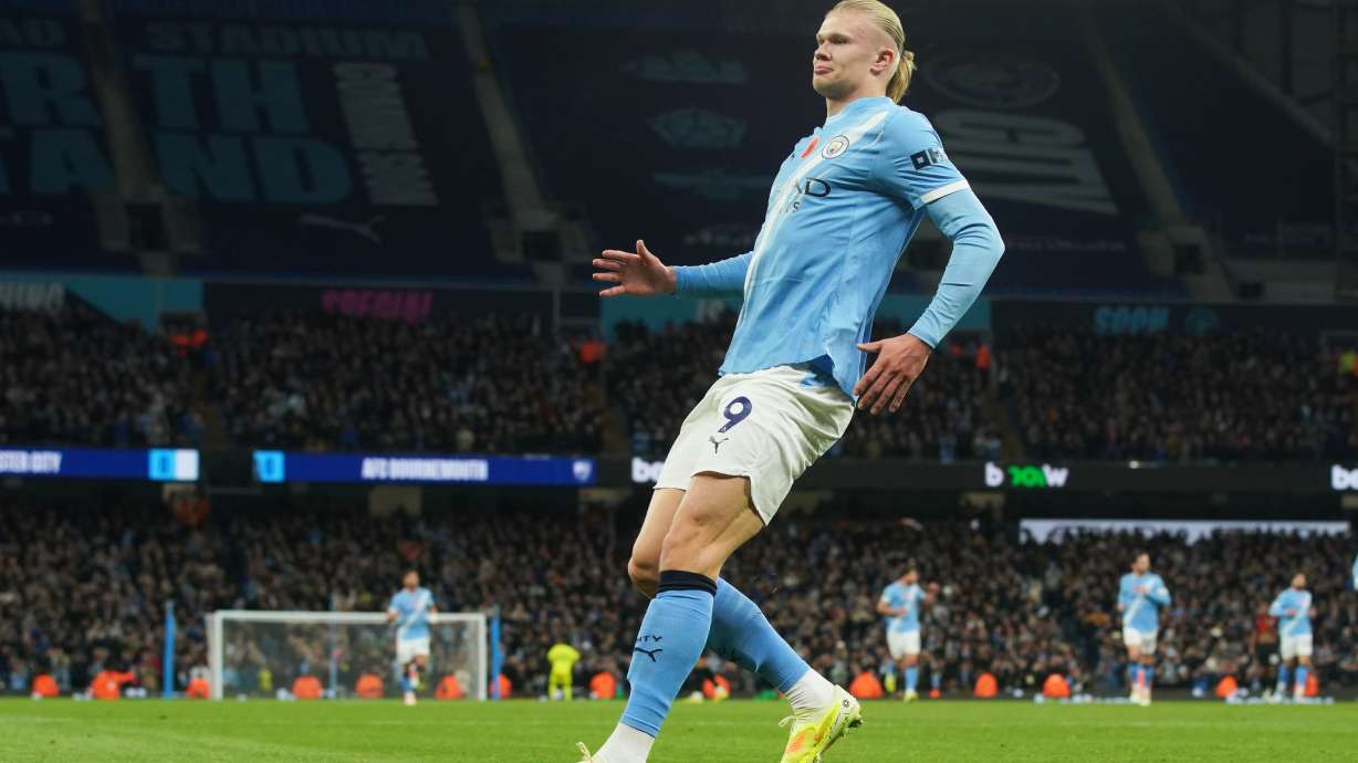 Manchester City's Erling Haaland celebrates after scoring his side's opening goal during the English Premier League soccer match between Manchester City and Bournemouth in Manchester, England, Sunday, Nov. 2, 2025.