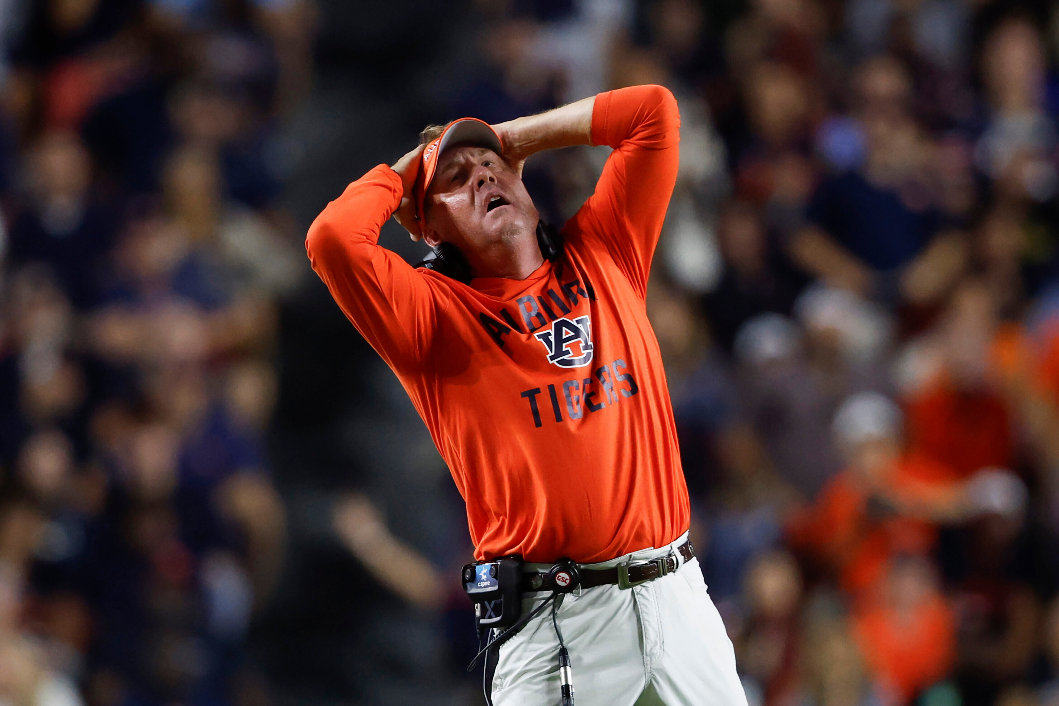 Auburn head coach Hugh Freeze reacts to a call during the second half of an NCAA college football game against Missouri, Saturday, Oct. 18, 2025, in Auburn, Ala. 