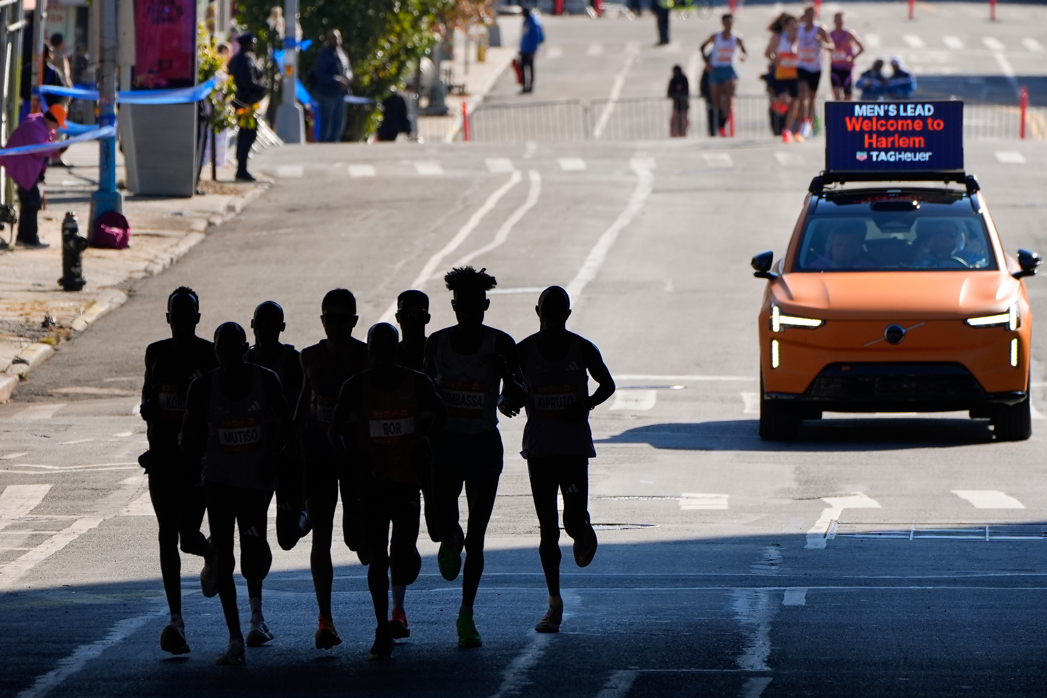 Runners in the men's elite division pass through the Bronx borough during the New York City Marathon, Sunday, Nov. 2, 2025, in New York.