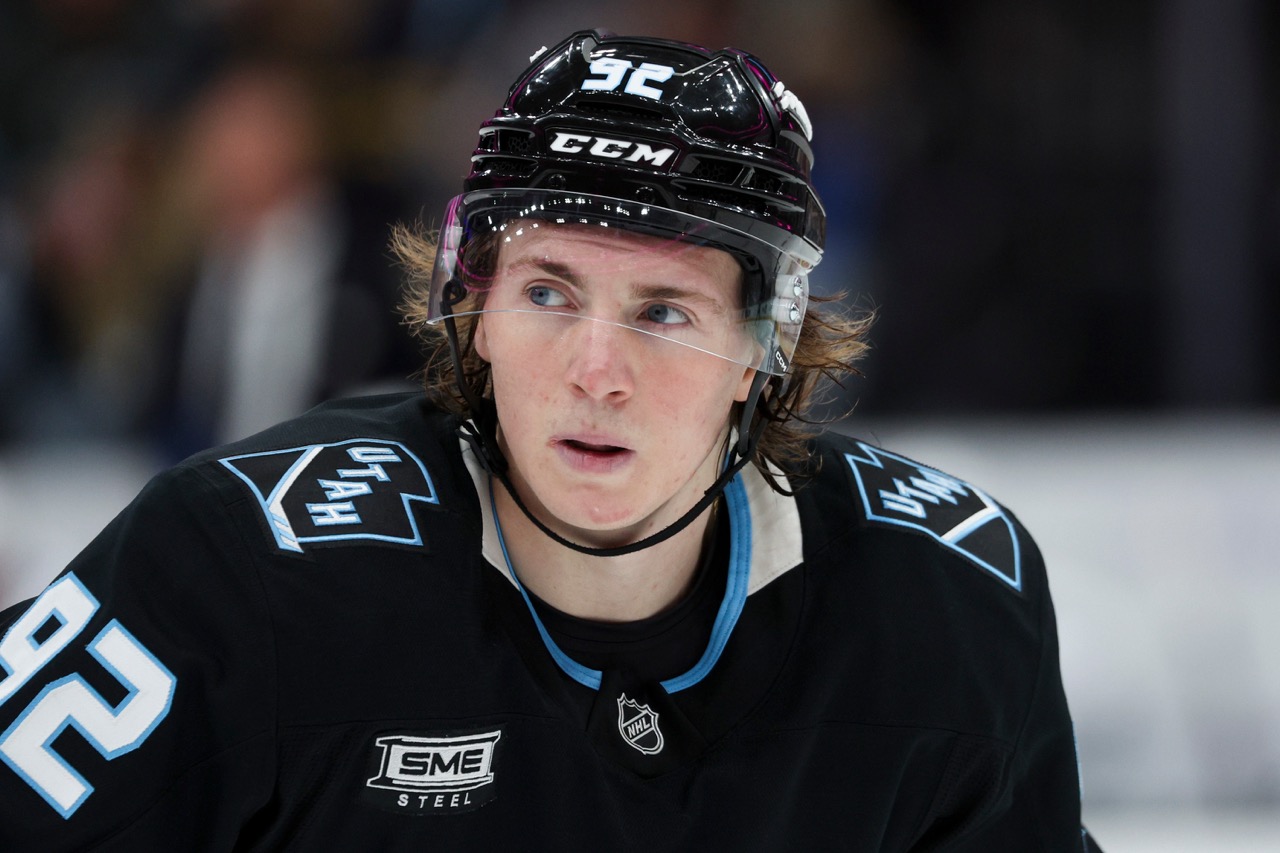 Utah Mammoth center Logan Cooley (92) looks on during the third period of an NHL game against the Tampa Bay Lightning at the Delta Center in Salt Lake City on Sunday, Nov. 2, 2025.