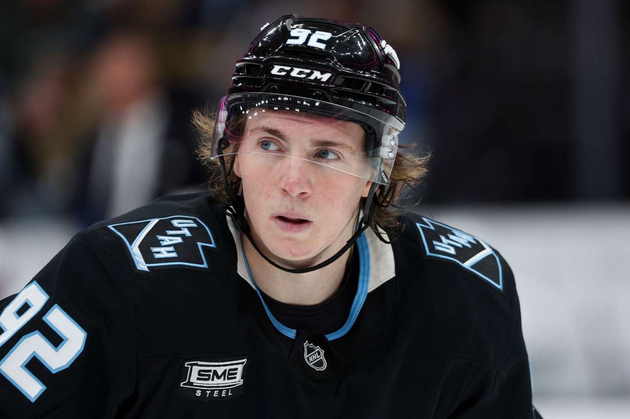 Utah Mammoth center Logan Cooley (92) looks on during the third period of an NHL game against the Tampa Bay Lightning at the Delta Center in Salt Lake City on Sunday, Nov. 2, 2025.