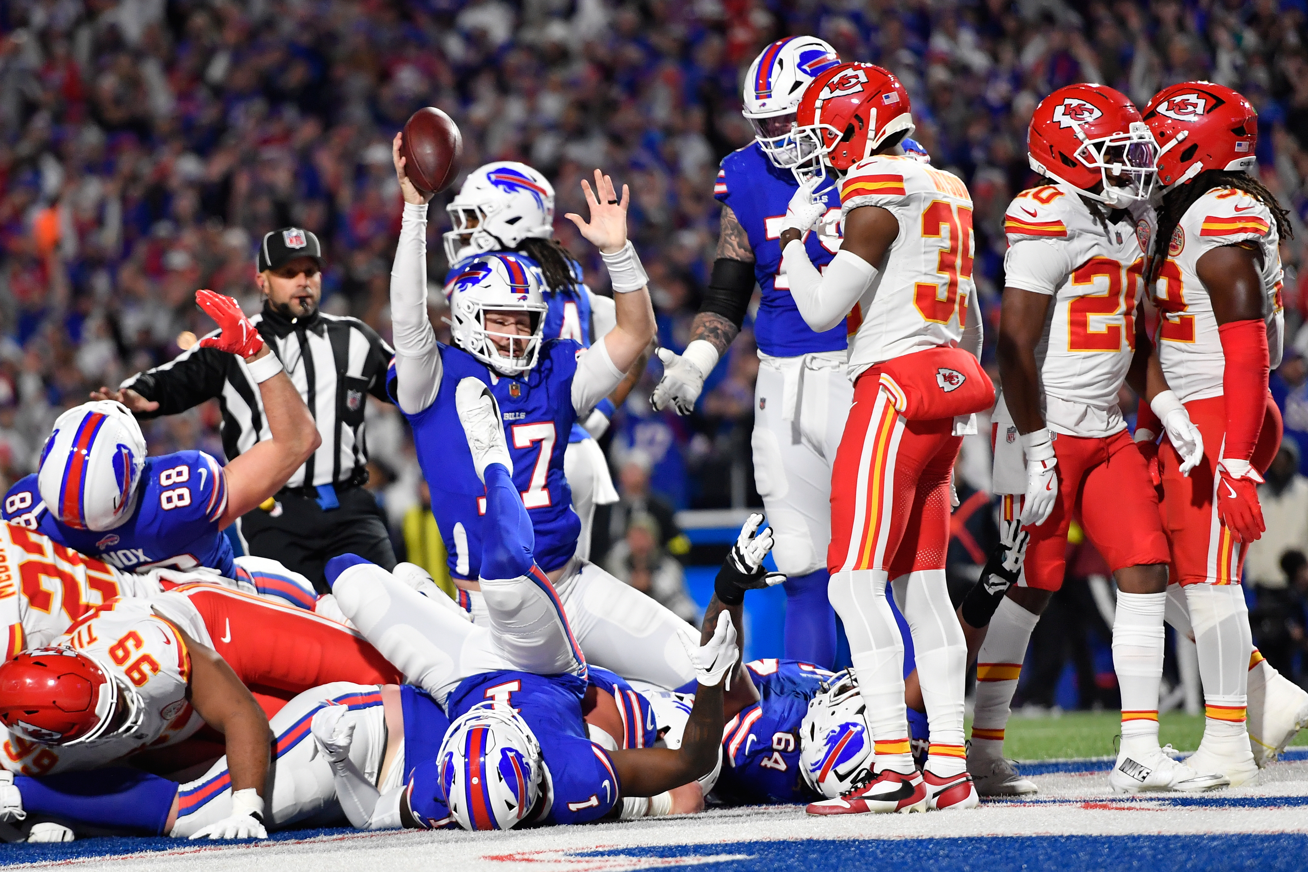 Buffalo Bills quarterback Josh Allen (17) celebrates after scoring during the second half of an NFL football game against the Kansas City Chiefs Sunday, Nov. 2, 2025, in Orchard Park. N.Y.