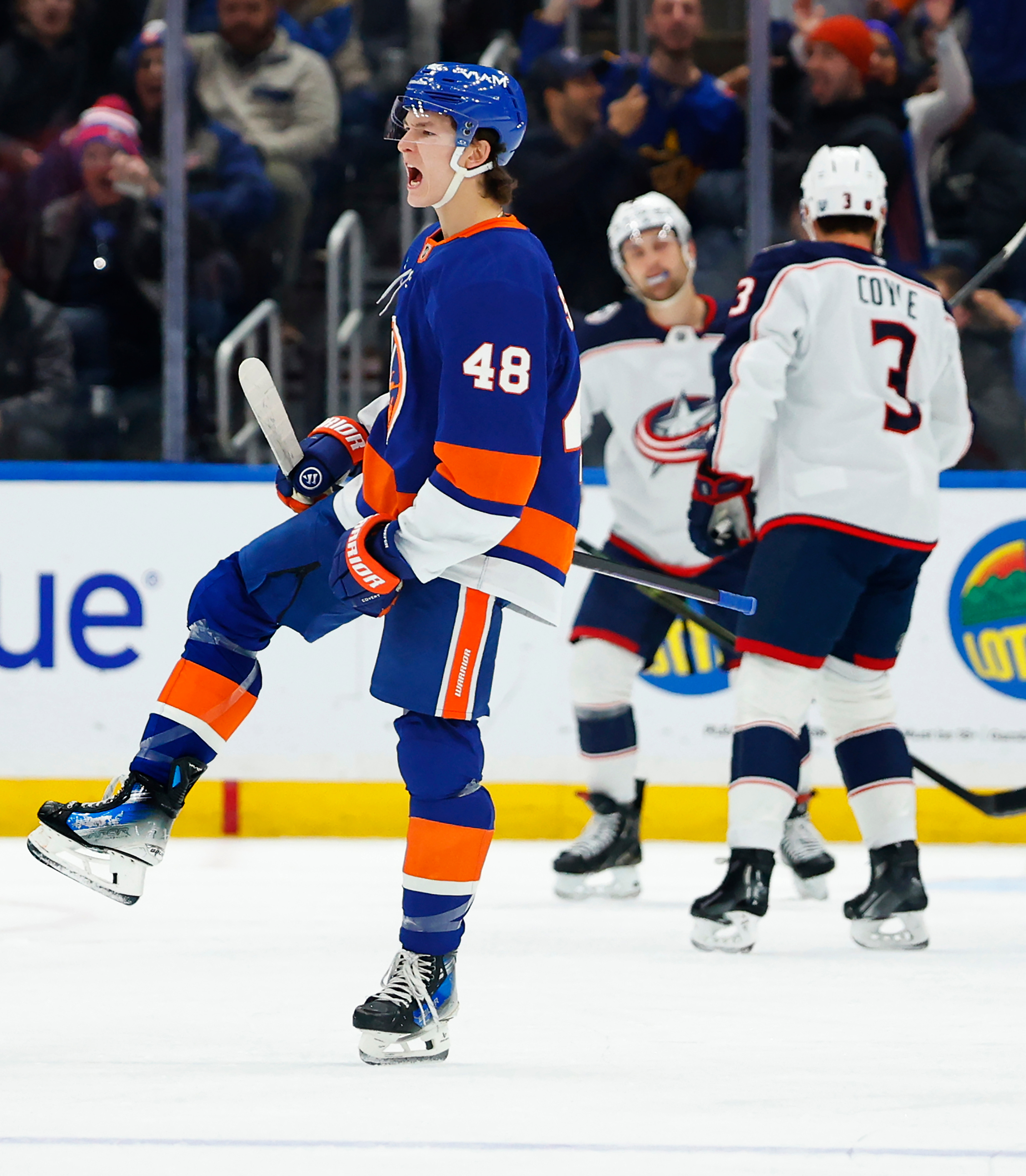 New York Islanders defenseman Matthew Schaefer (48) reacts after scoring against the Columbus Blue Jackets during the first period of an NHL hockey game, Sunday, Nov. 2, 2025, in New York.