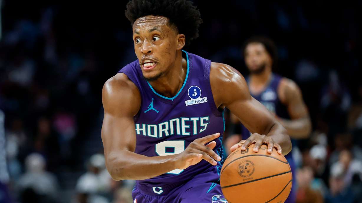 Charlotte Hornets guard Collin Sexton drives to the basket during the second half of an NBA basketball game against the Utah Jazz in Charlotte, N.C., Sunday, Nov. 2, 2025.