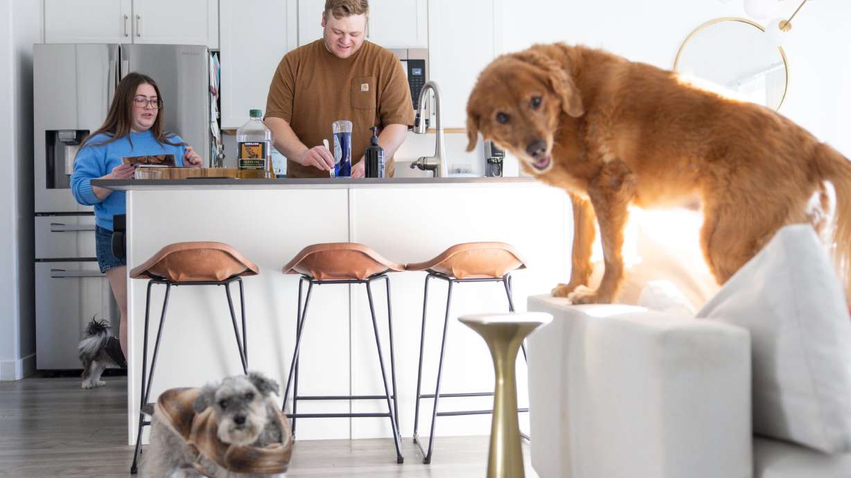 Emma Mendez-Edwards makes dinner with her husband, Bryan Howard, while their dogs roam through their home in Heber City on Saturday. A growing number of Utahns are facing mounting financial challenges.