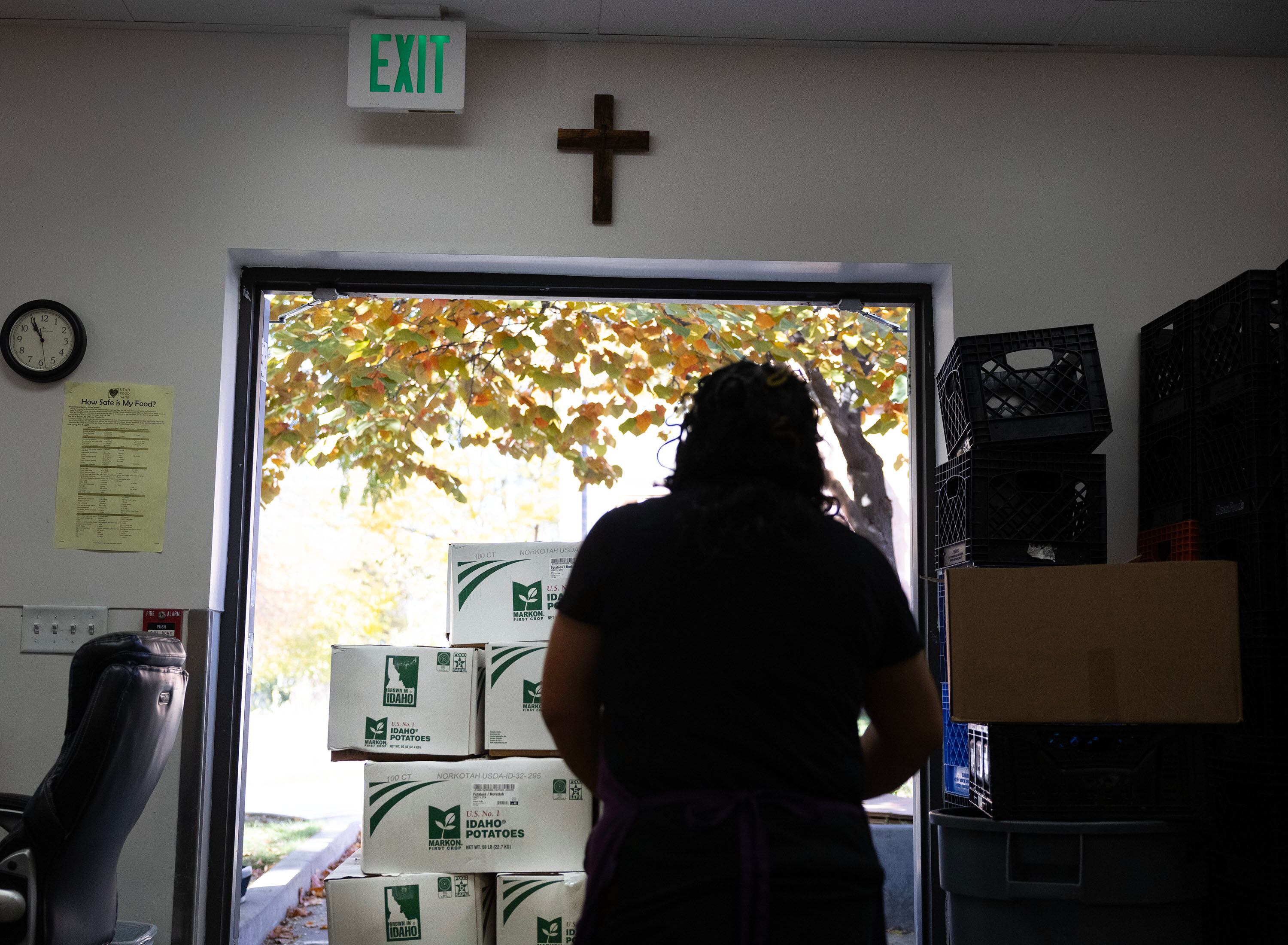 Boxes of donated potatoes are delivered to Hildegarde's Food Pantry in Salt Lake City on Friday. Hildegarde’s Pantry is a ministry of the Cathedral Church of St. Mark.