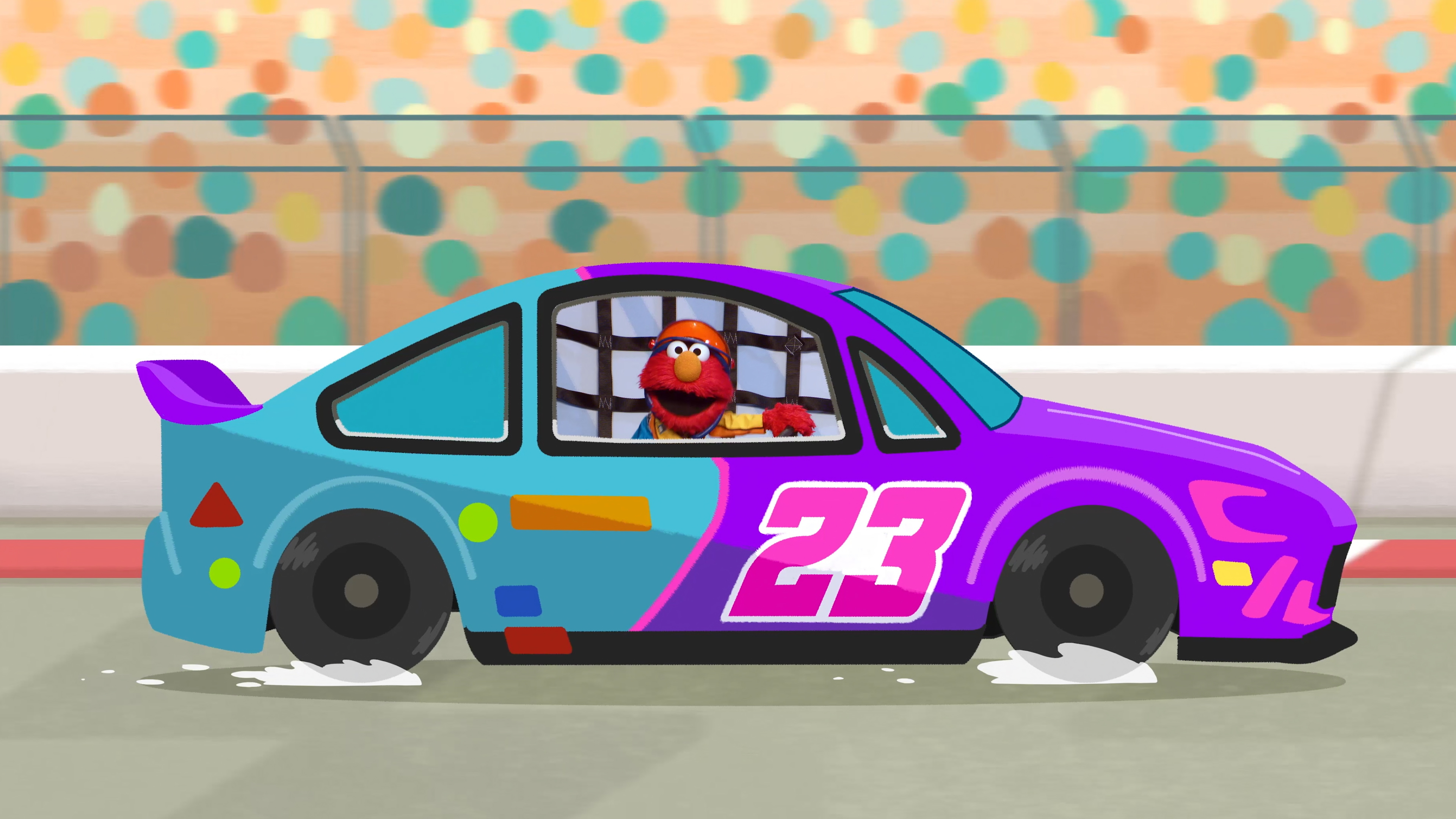 This image shows the character Elmo in a scene from "Sesame Street."