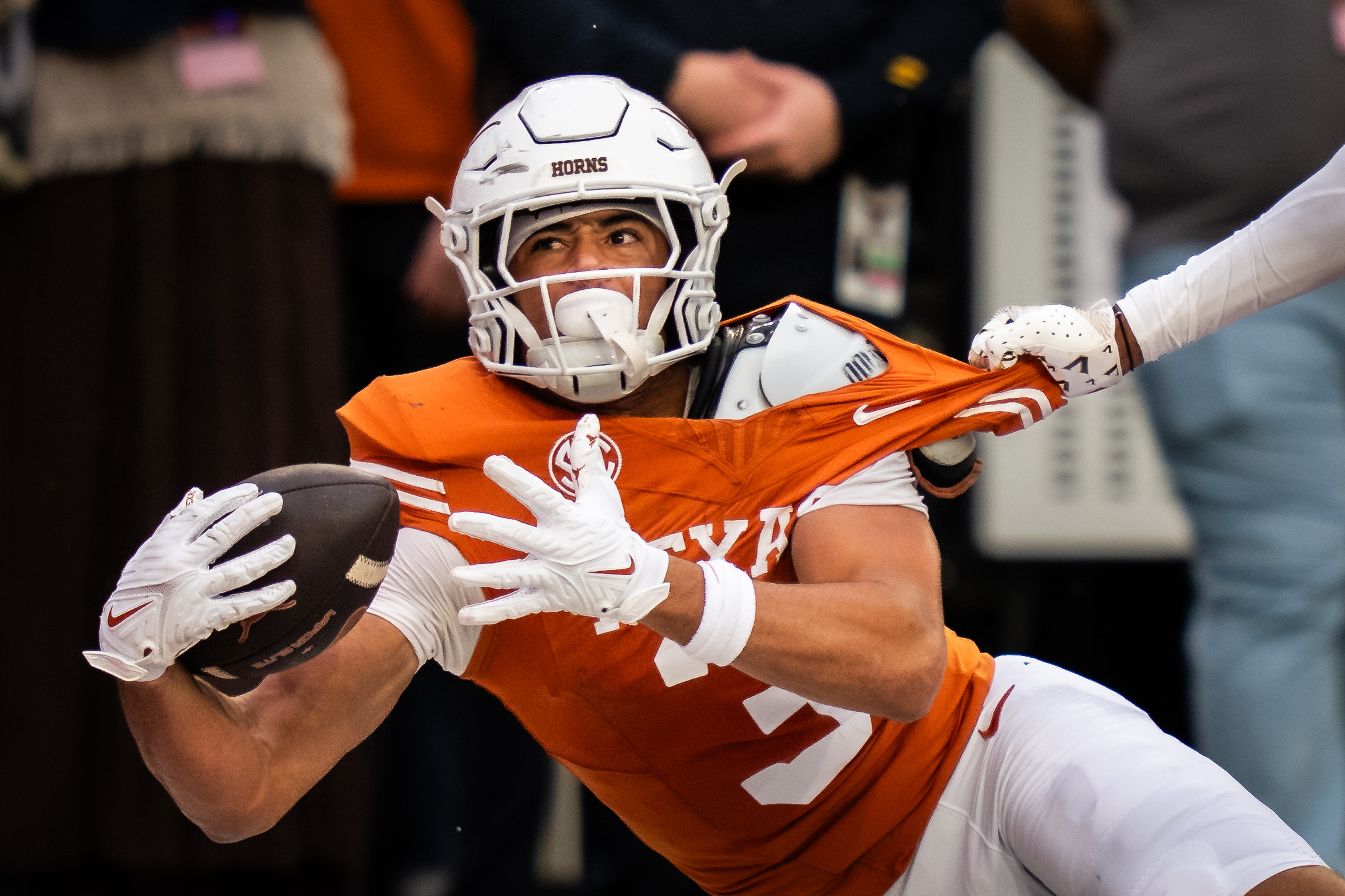 Texas wide receiver Emmett Mosley V is unable to hold onto a pass in the end zone during the second half of an NCAA college football game against Vanderbilt, Saturday, Nov. 1, 2025, in Austin, Texas.