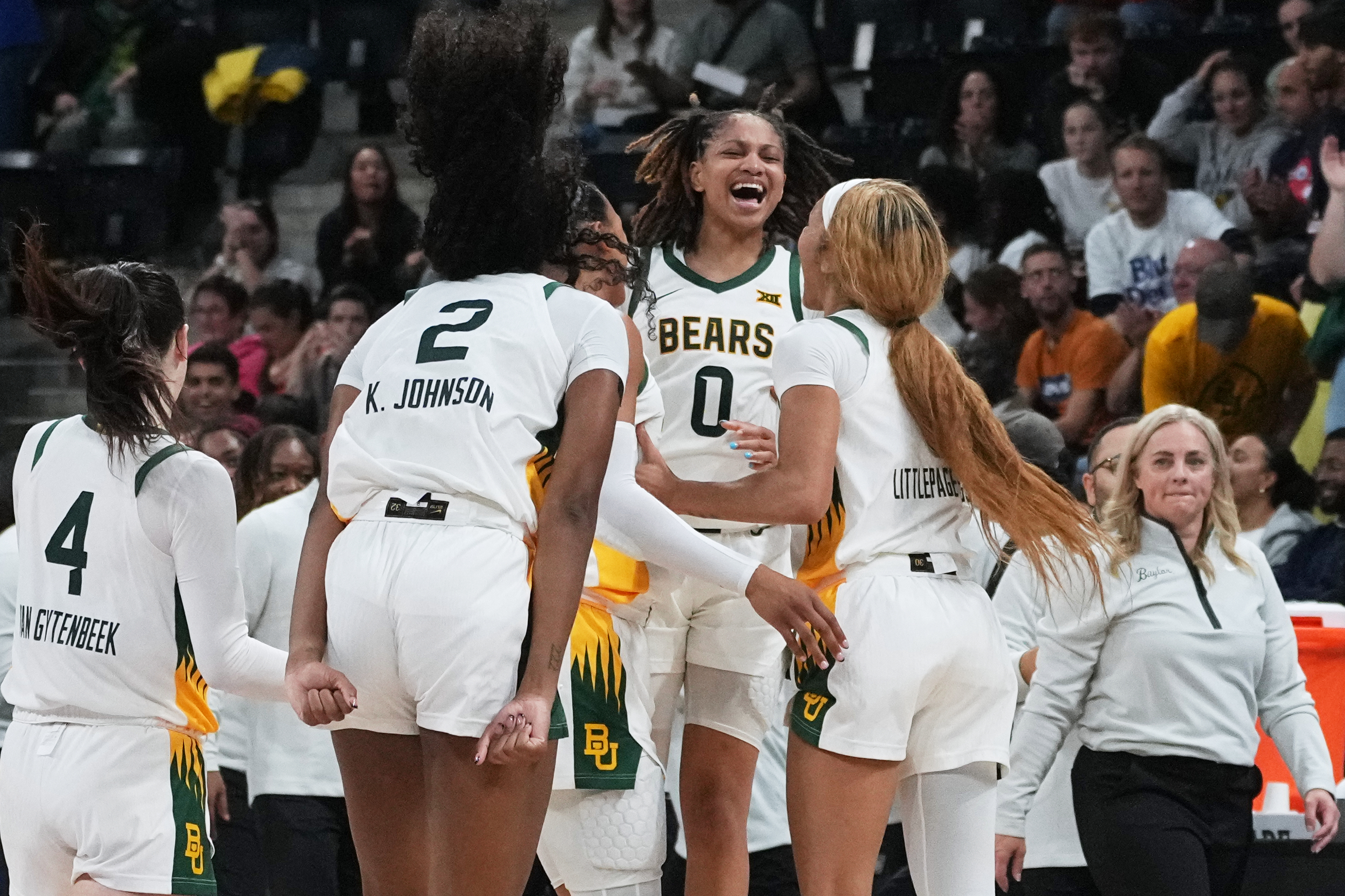 Baylor guard Taliah Scott (0) celebrates with teammates after an NCAA college basketball game against Duke Monday, Nov. 3, 2025 in Paris. 