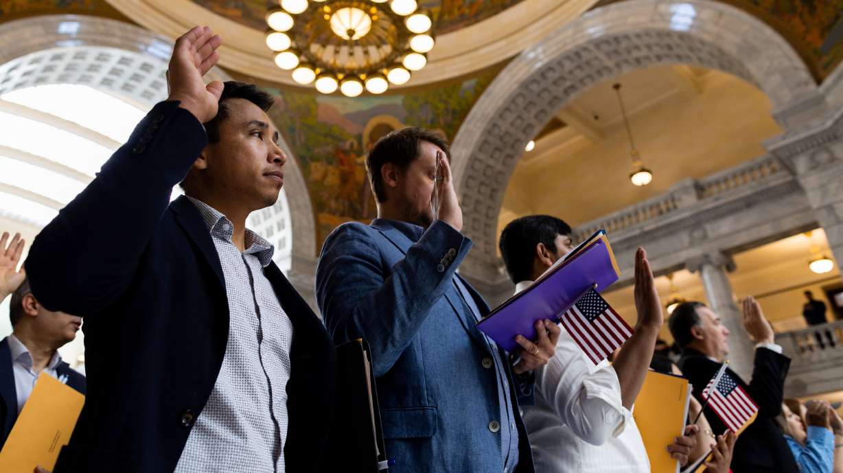 Salt Lake City has launched a new program to help legal permanent residents pursue U.S. citizenship. The photo shows a naturalization ceremony at the Utah Capitol in Salt Lake City on June 20, 2024.
