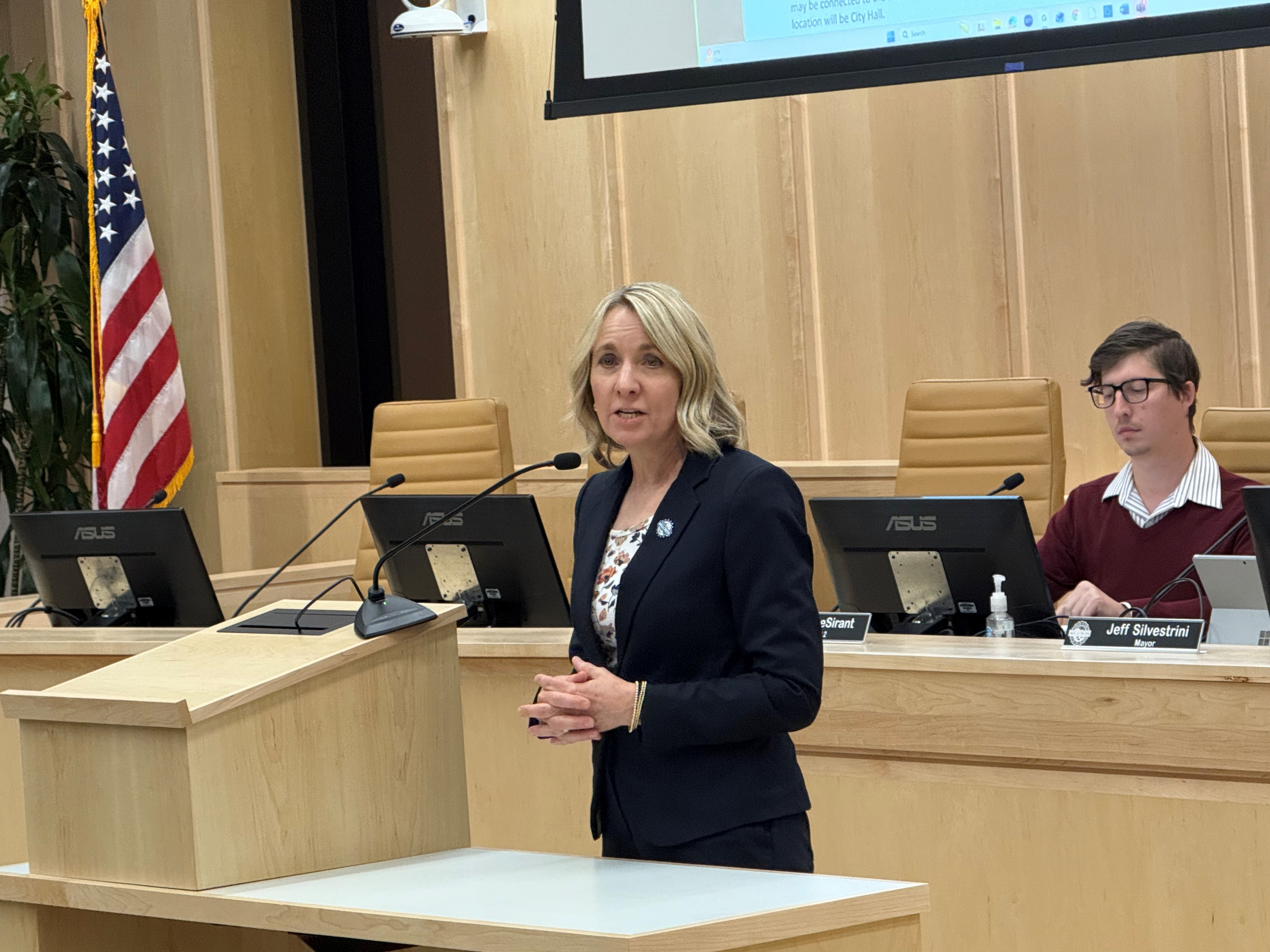 Millcreek City Councilmember Cheri Jackson addresses the crowd at city hall as she is chosen to replace Jeff Silvestrini as mayor on Monday.