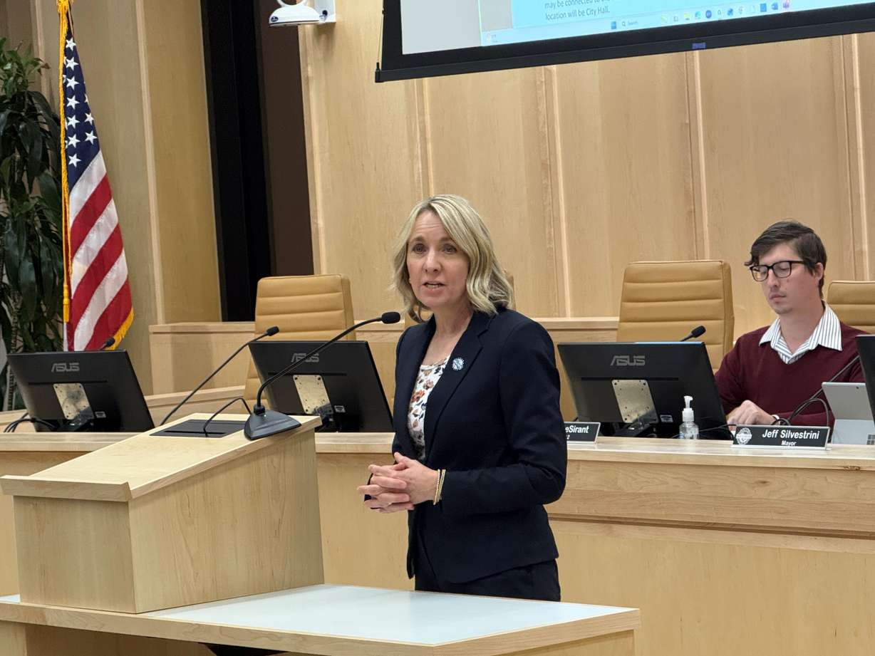 Millcreek City Councilmember Cheri Jackson addresses the crowd at city hall as she is chosen to replace Jeff Silvestrini as mayor on Monday.